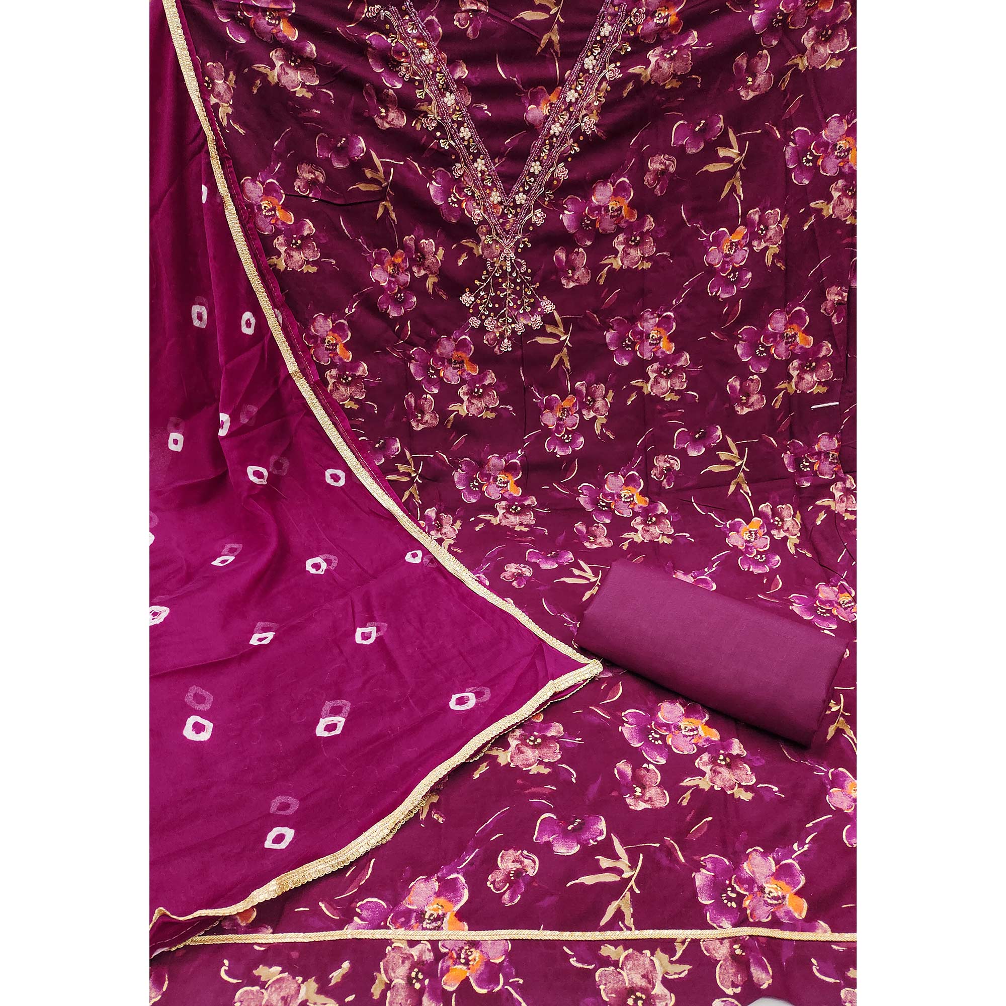 Magenta Floral Printed With Handwork Pure Cotton Dress Material