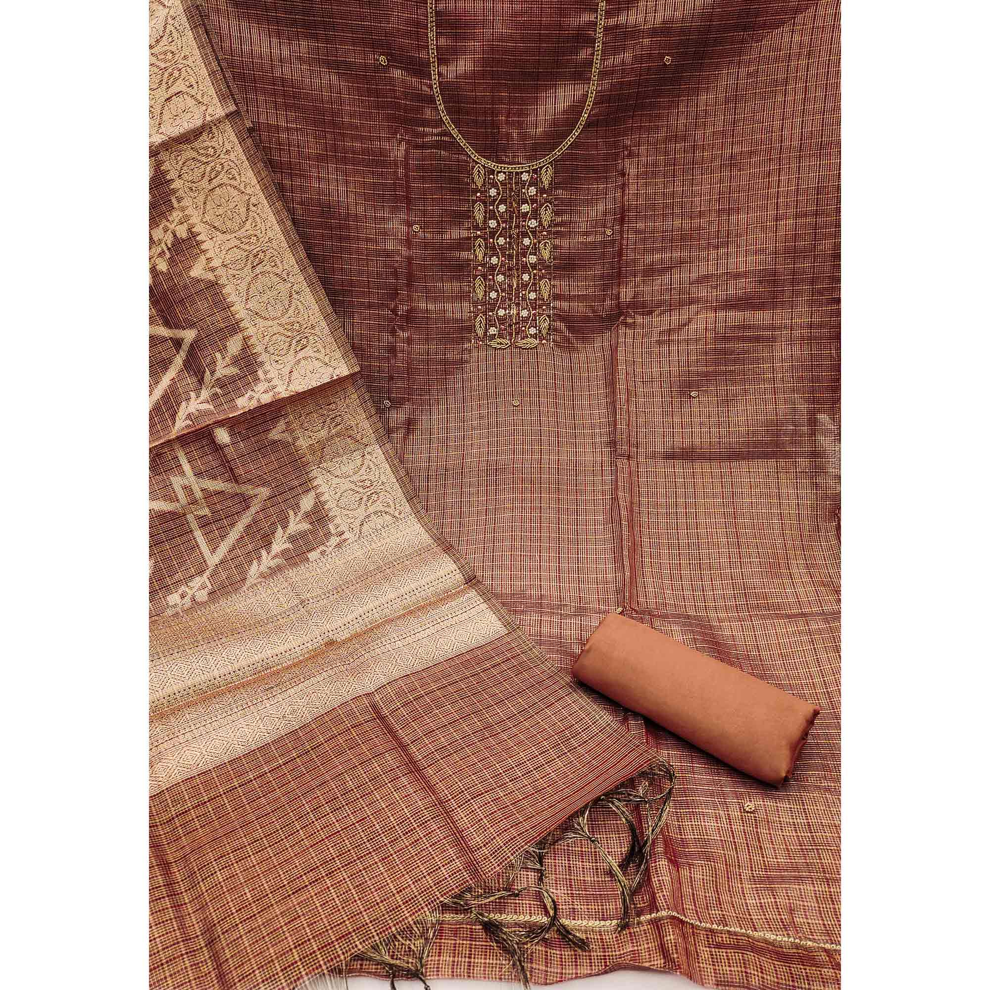 Brown Floral Handwork With Woven Viscose Dress Material