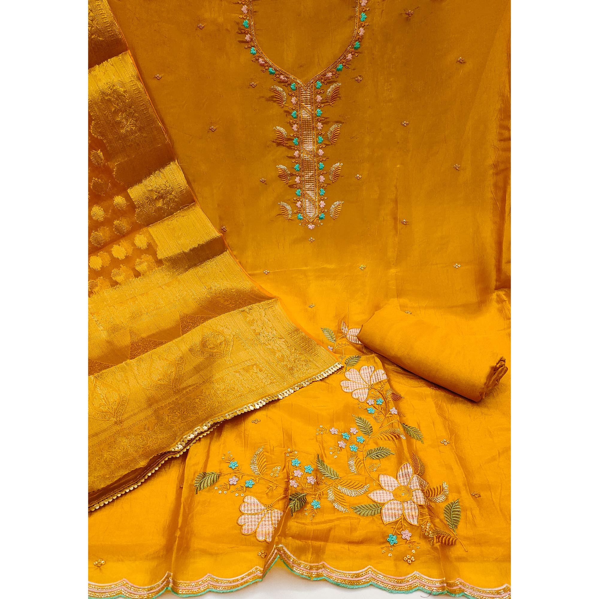 Mustard Floral Sequins Embroidered Viscose Dress Material