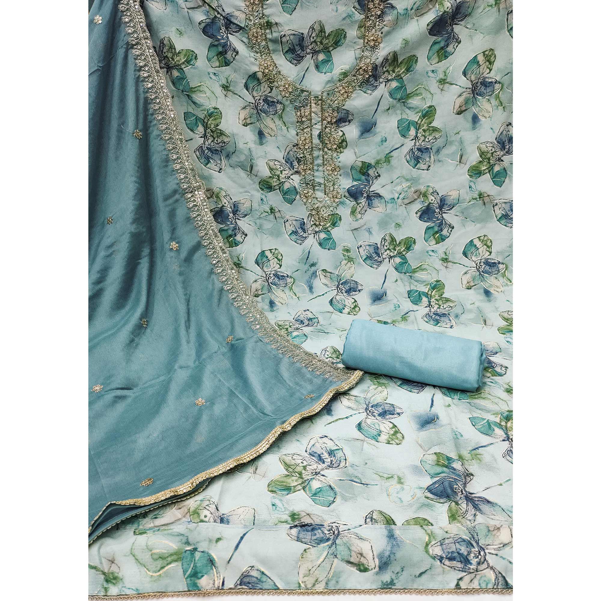 Blue Floral Printed With Handwork Pure Cotton Dress Material