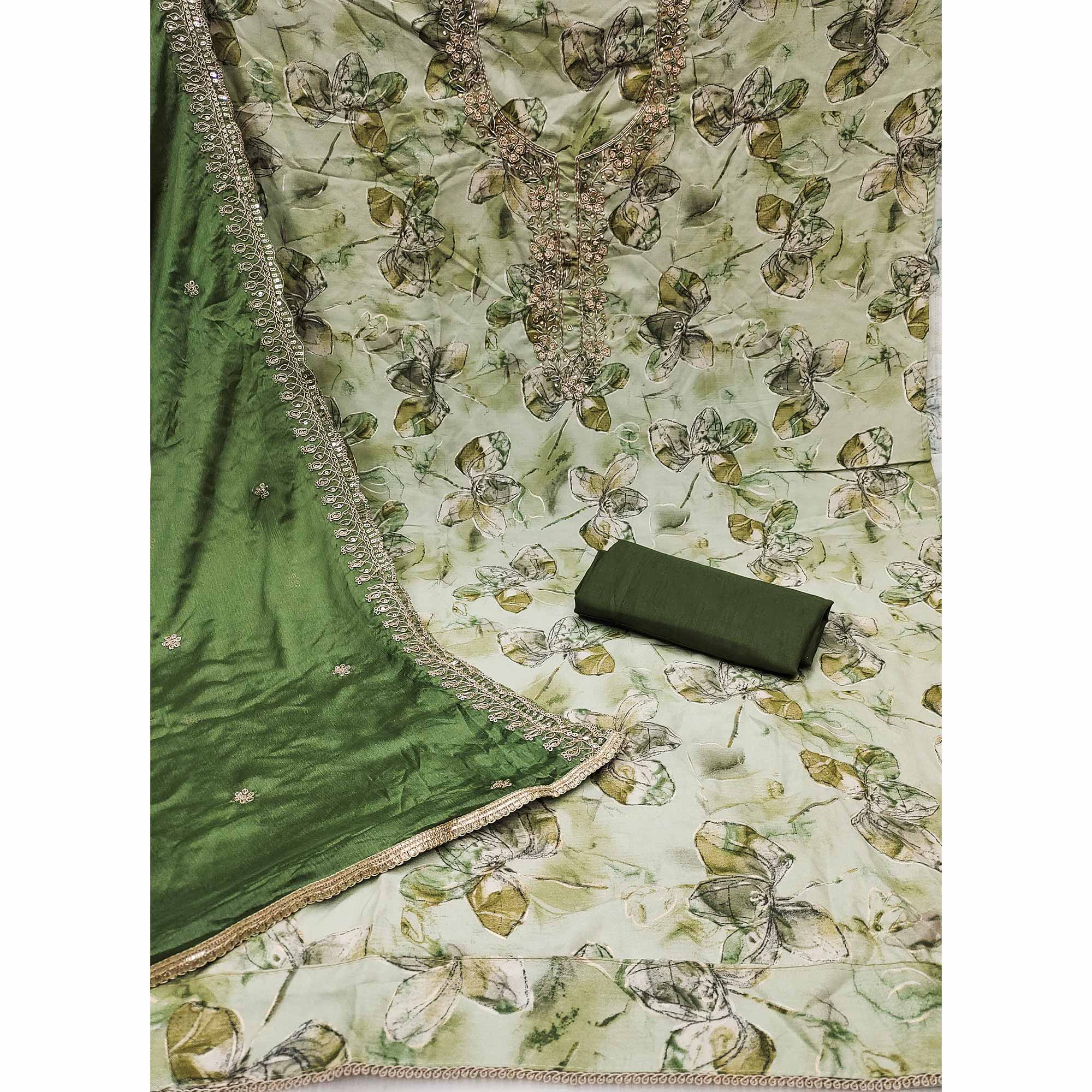 Green Floral Printed With Handwork Pure Cotton Dress Material