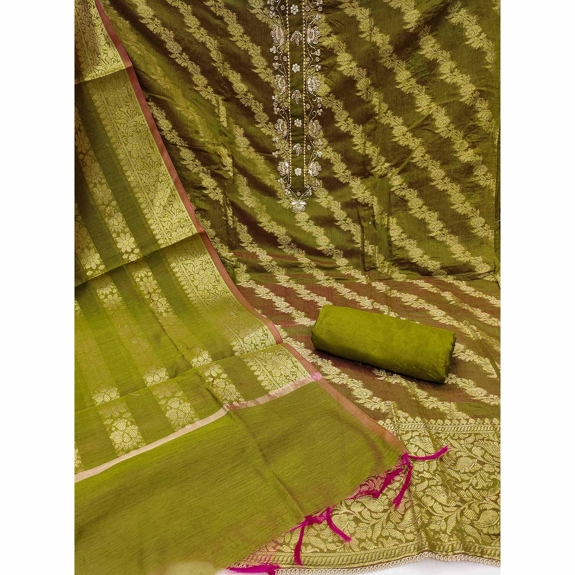 Green Floral Woven With Handwork Banarasi Silk Dress Material