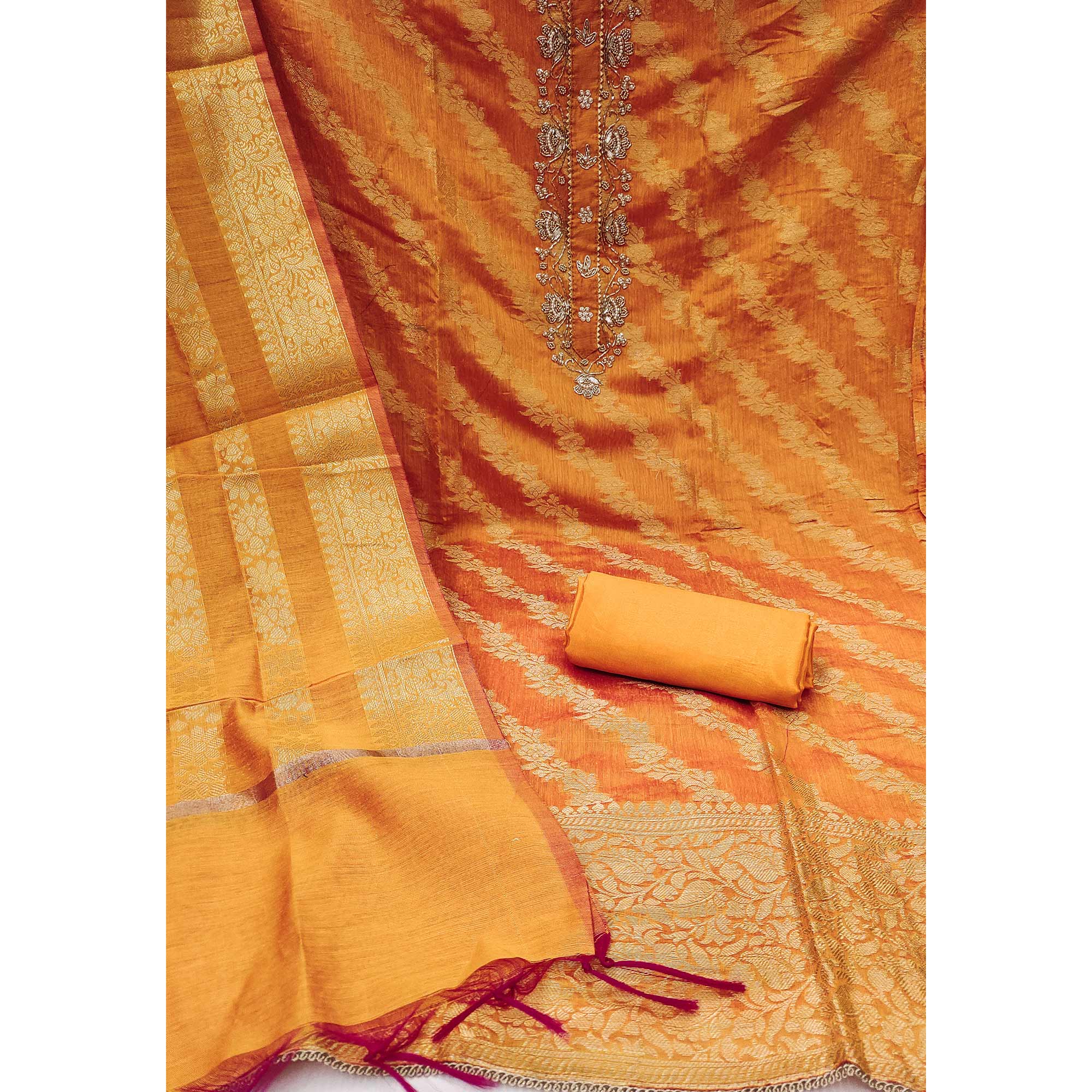 Orange  Floral Woven With Handwork Banarasi Silk Dress Material