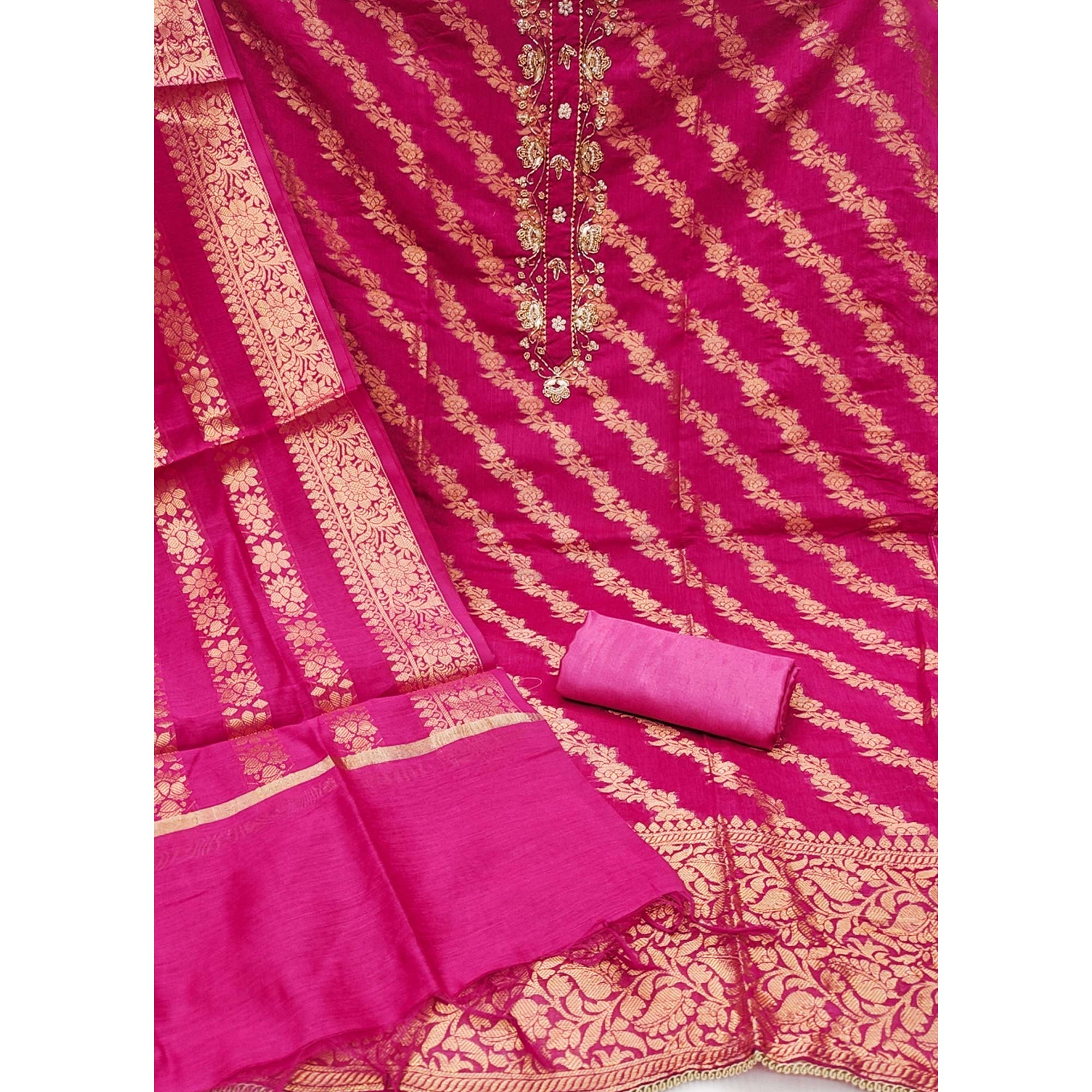 Rani Pink Floral Woven With Handwork Banarasi Silk Dress Material