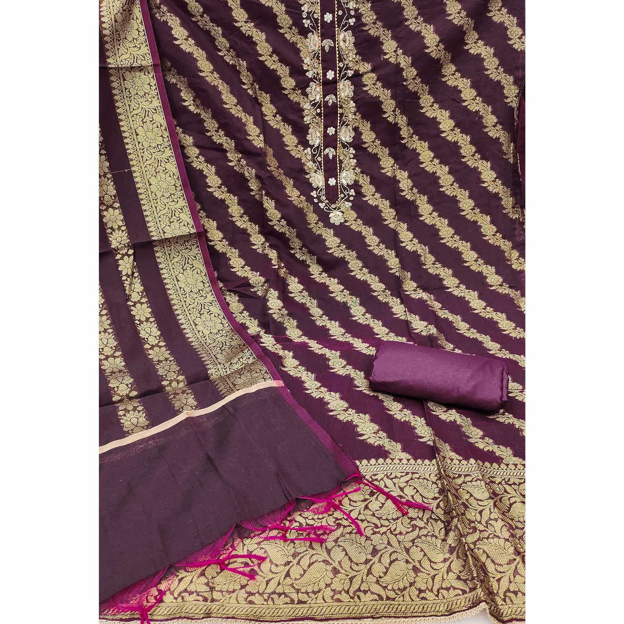 Wine Floral Woven With Handwork Banarasi Silk Dress Material