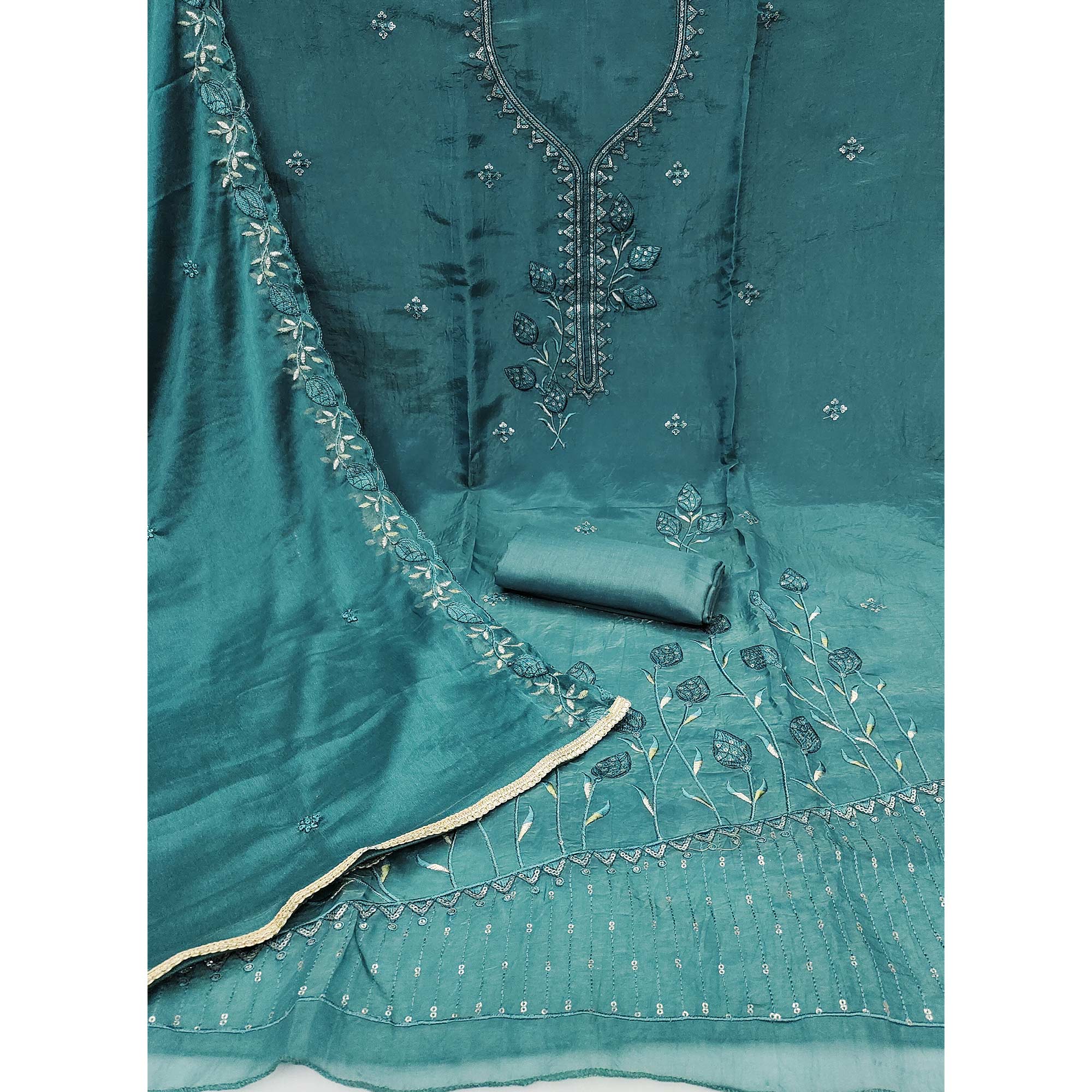 Teal Floral Sequins Embroidered Viscose Golden Crush Dress Material