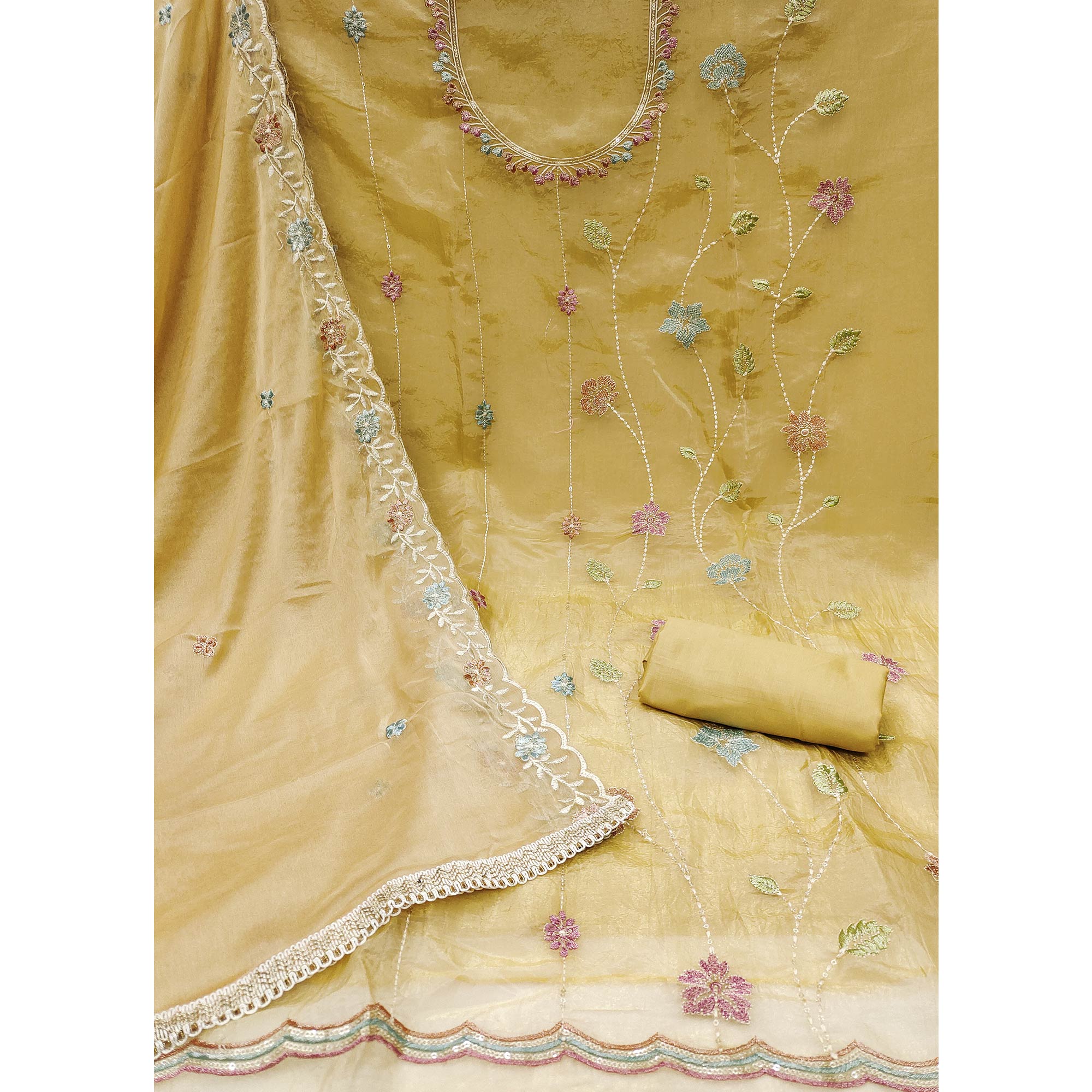 Chikoo Floral Sequins Embroidered Viscose Golden Crush Dress Material