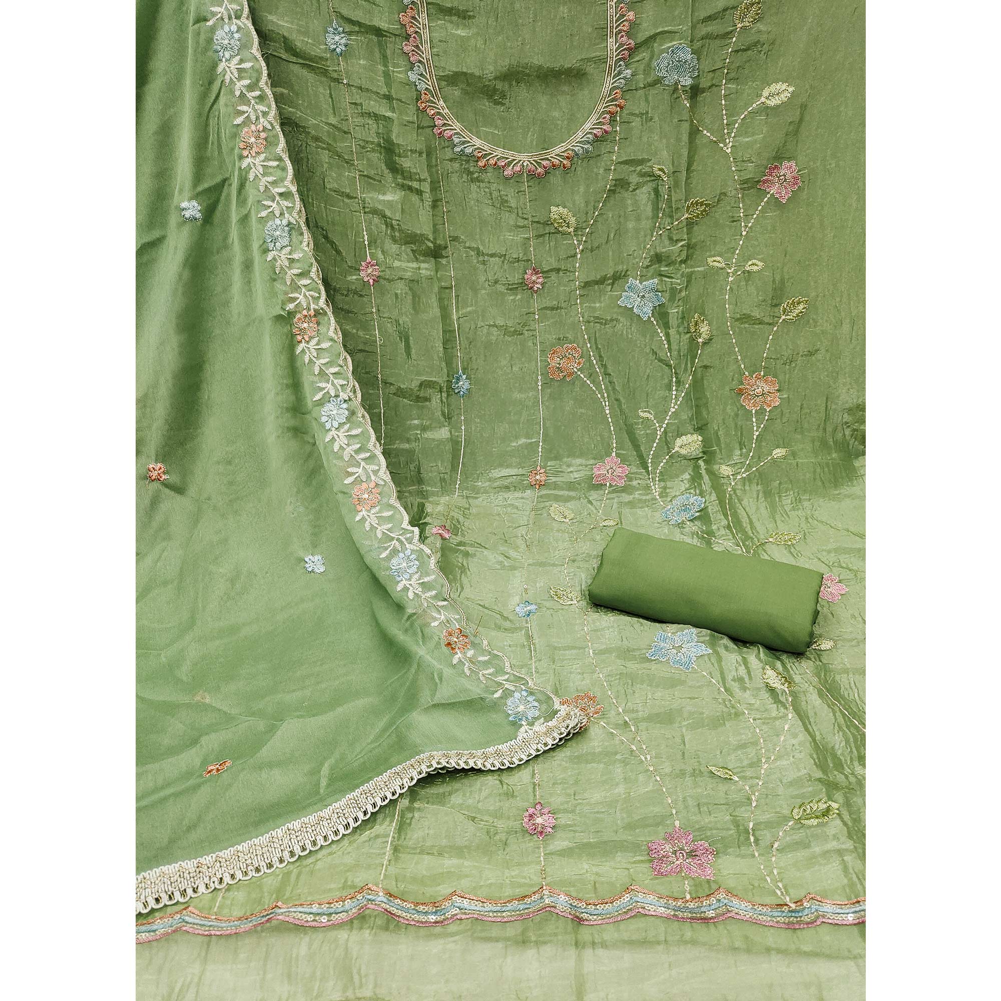 Green Floral Sequins Embroidered Viscose Golden Crush Dress Material