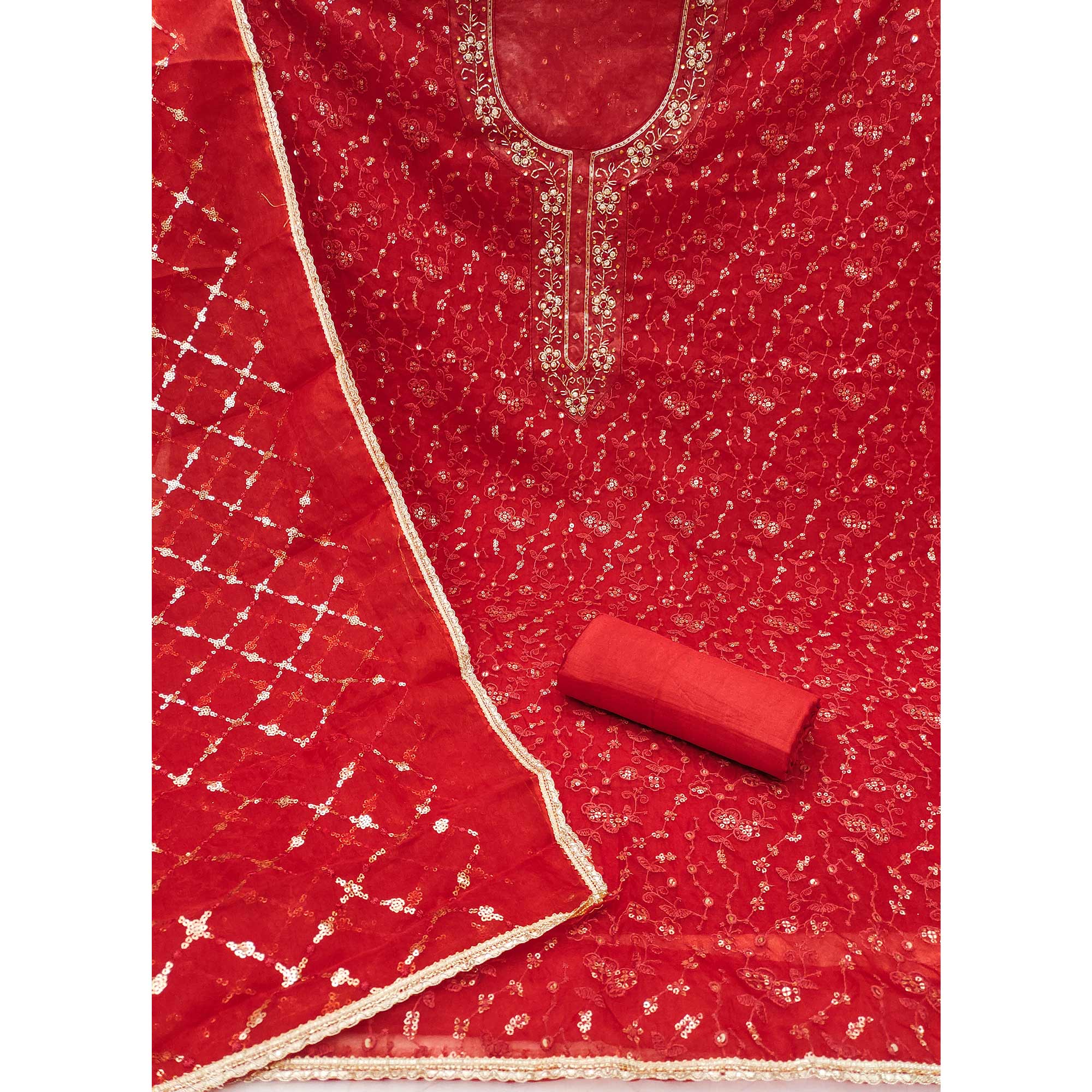 Red Floral Sequins Embroidered With Handwork Organza Dress Material