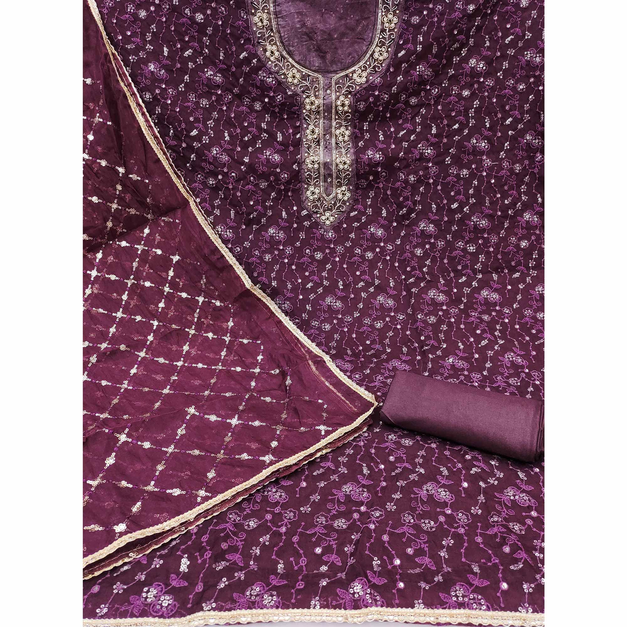 Wine Floral Sequins Embroidered With Handwork Organza Dress Material