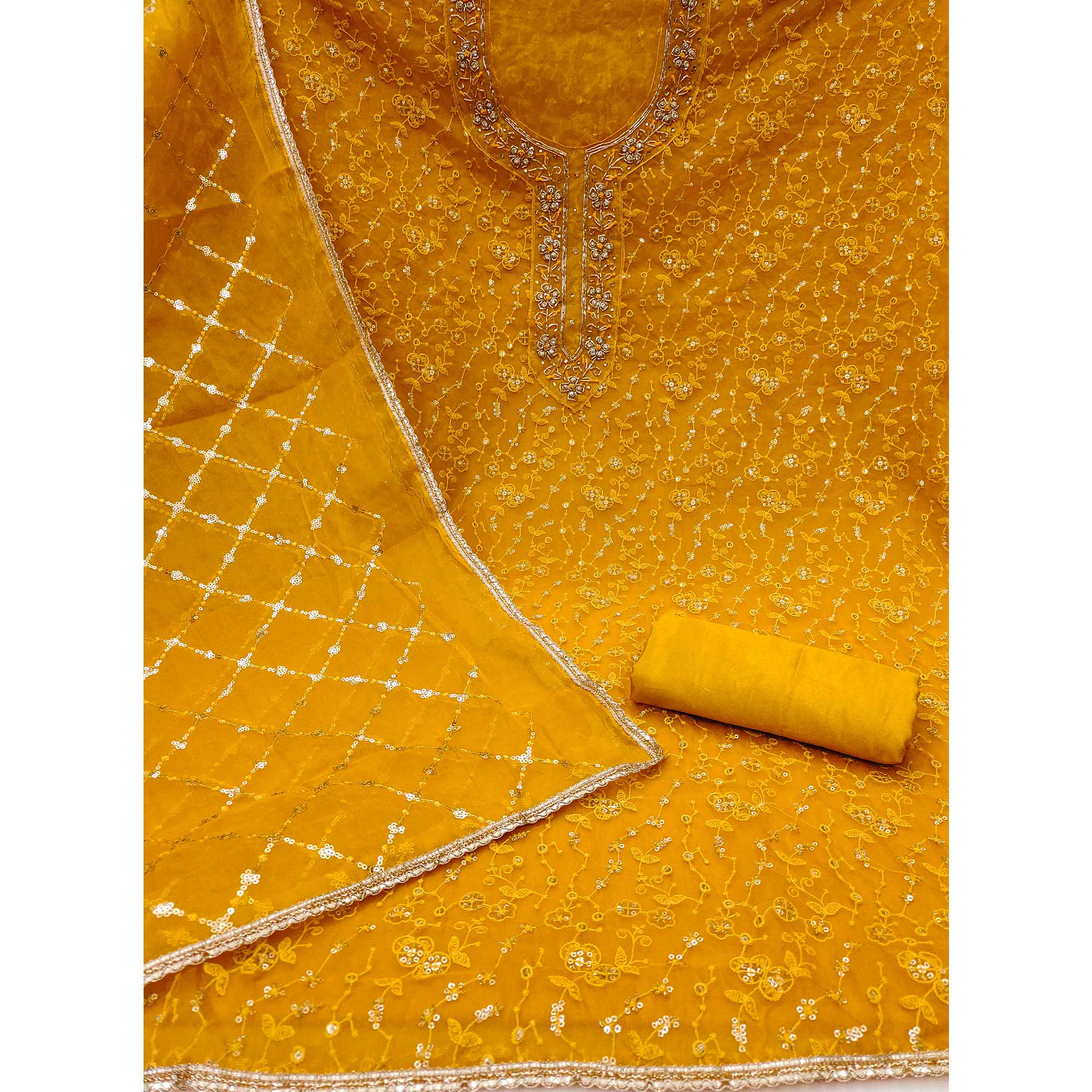 Yellow Floral Sequins Embroidered With Handwork Organza Dress Material