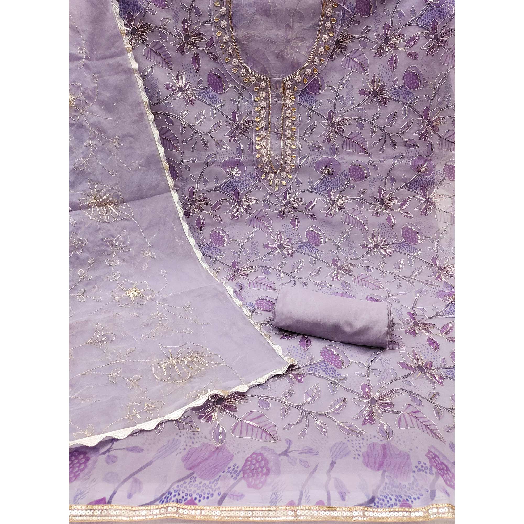 Purple Floral Sequins Embroidery With Handwork Organza Dress Material