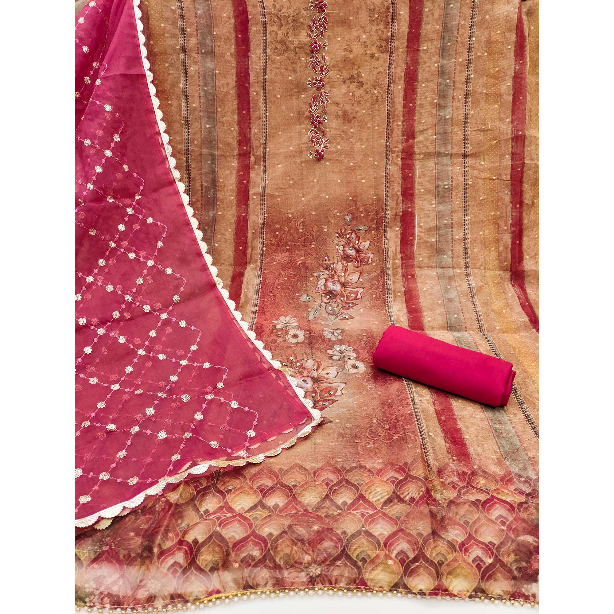 Brown Floral Printed With Handwork Shimmer Viscose Dress Material