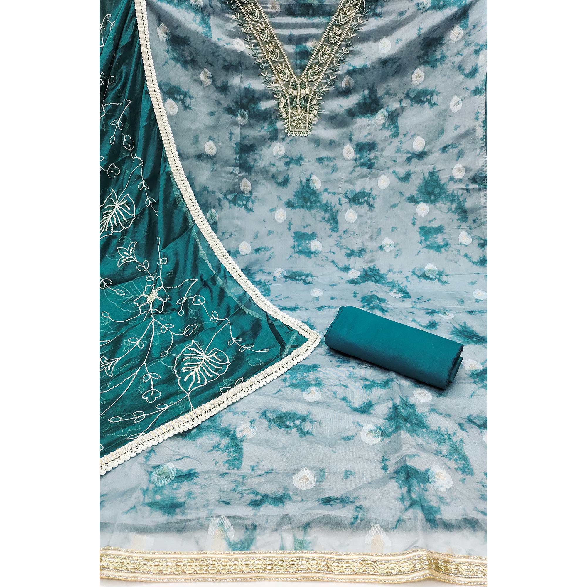 Teal Digital Printed With Handwork Organza Dress Material