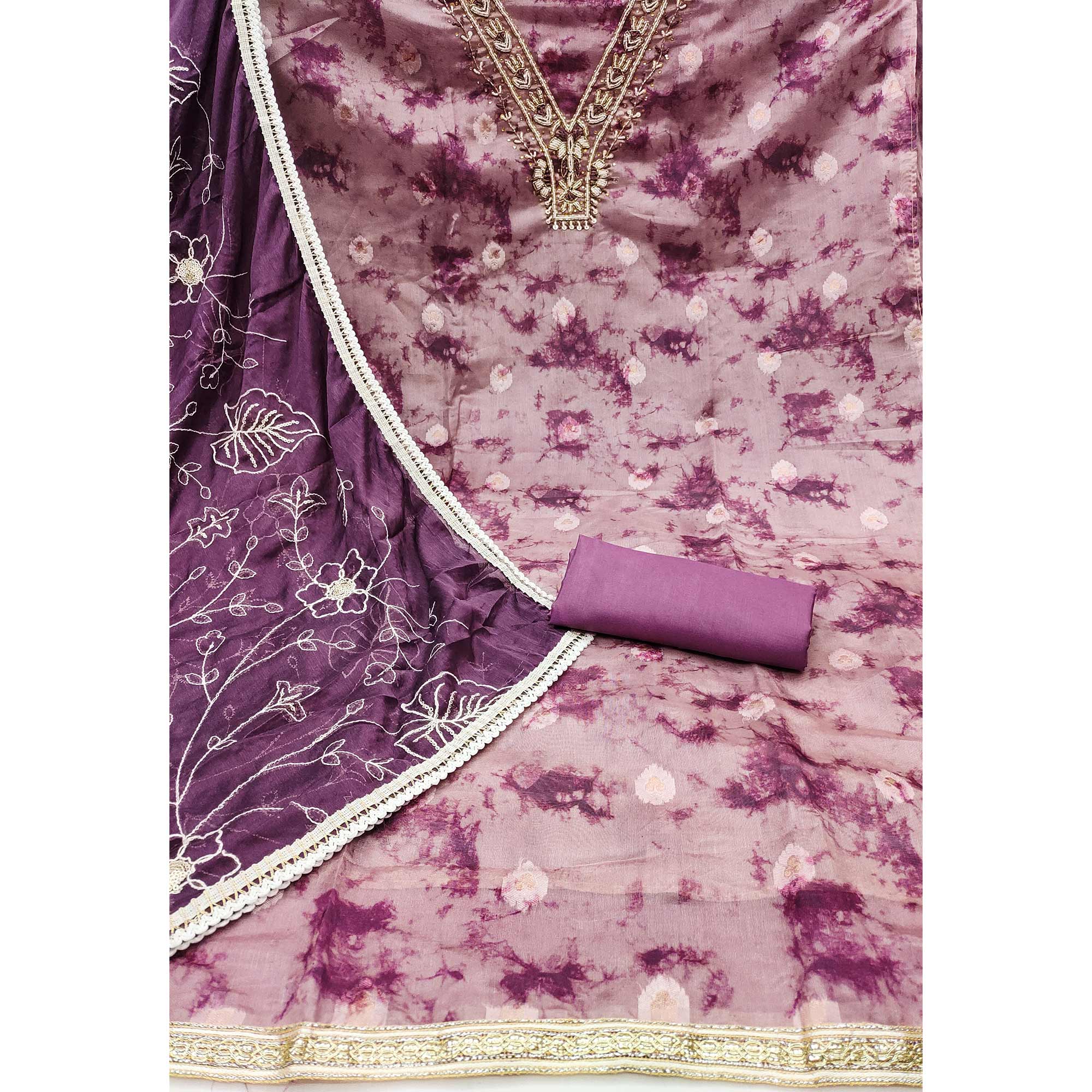 Wine Digital Printed With Handwork Organza Dress Material