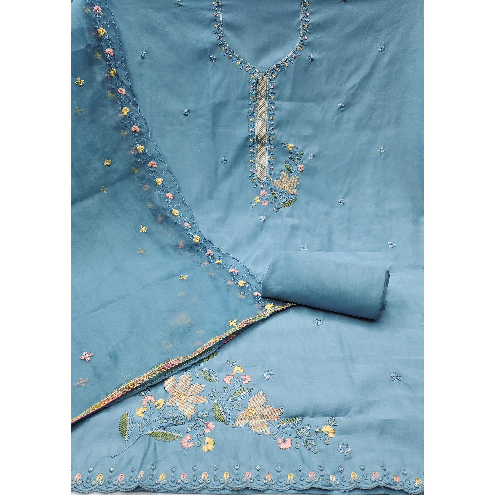 Blue Floral Sequins Embroidered Cotton Silk Dress Material
