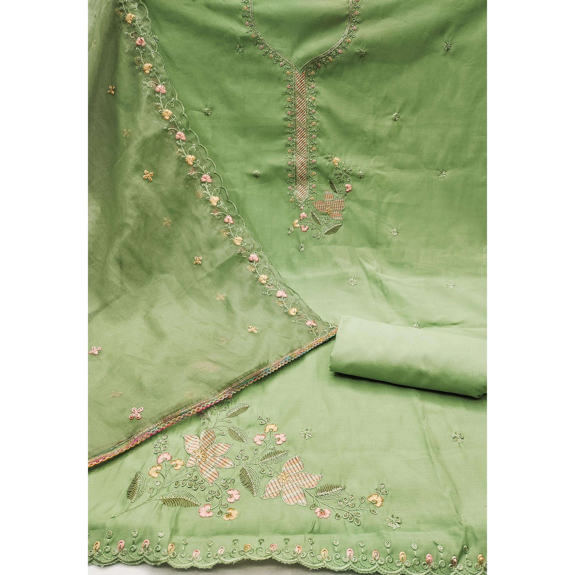 Green Floral Sequins Embroidered Cotton Silk Dress Material