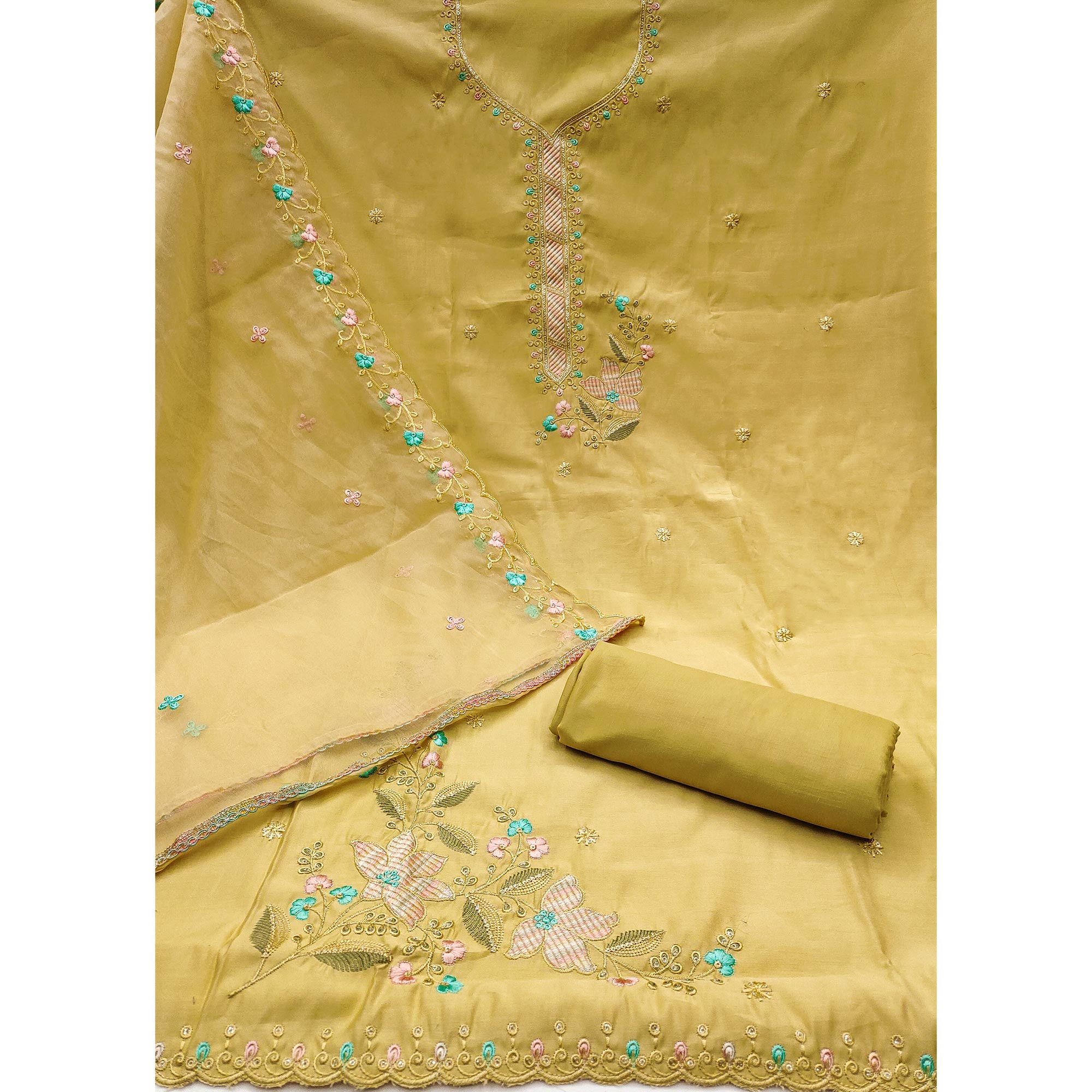 Mustard Floral Sequins Embroidered Cotton Silk Dress Material