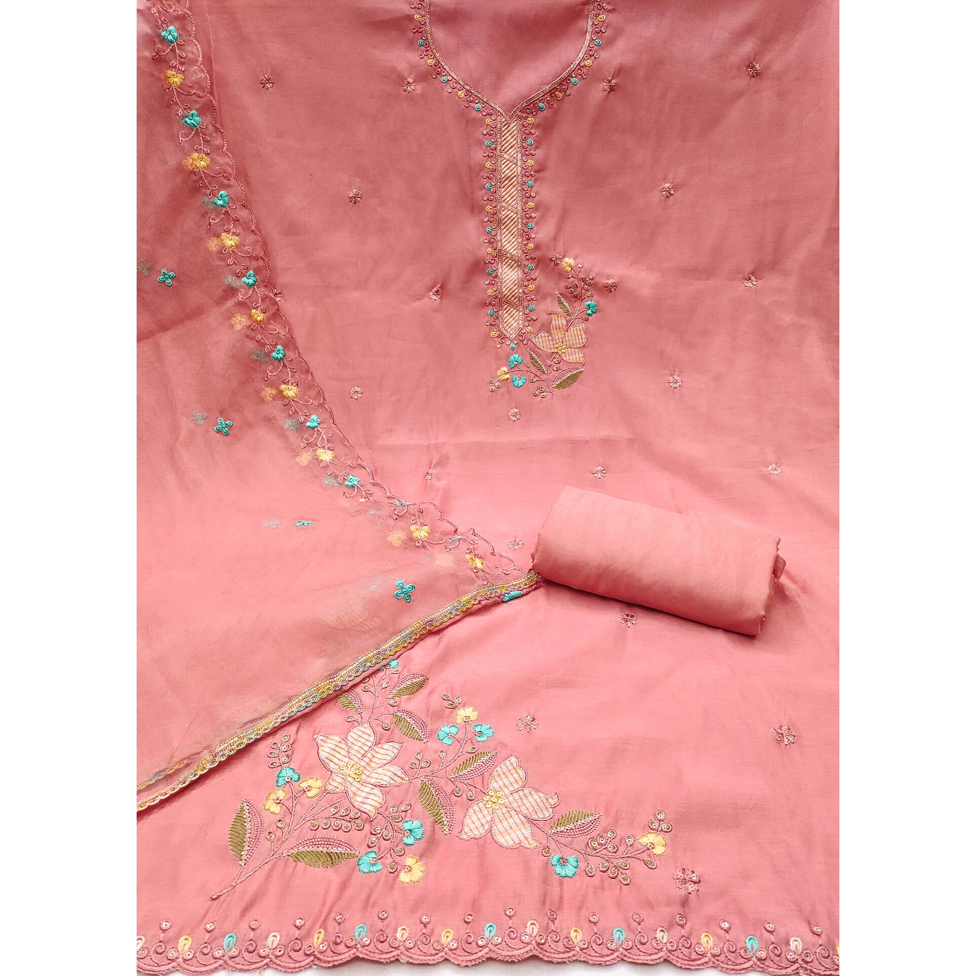 Peach Floral Sequins Embroidered Cotton Silk Dress Material