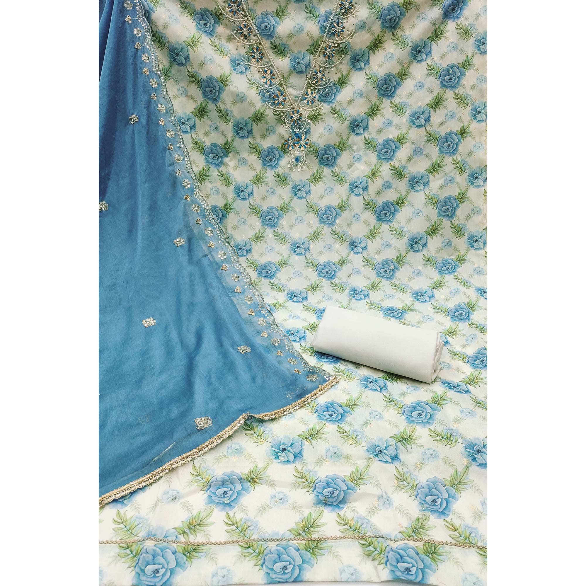 Blue Floral Digital Printed With Handwork Chanderi Silk Dress Material