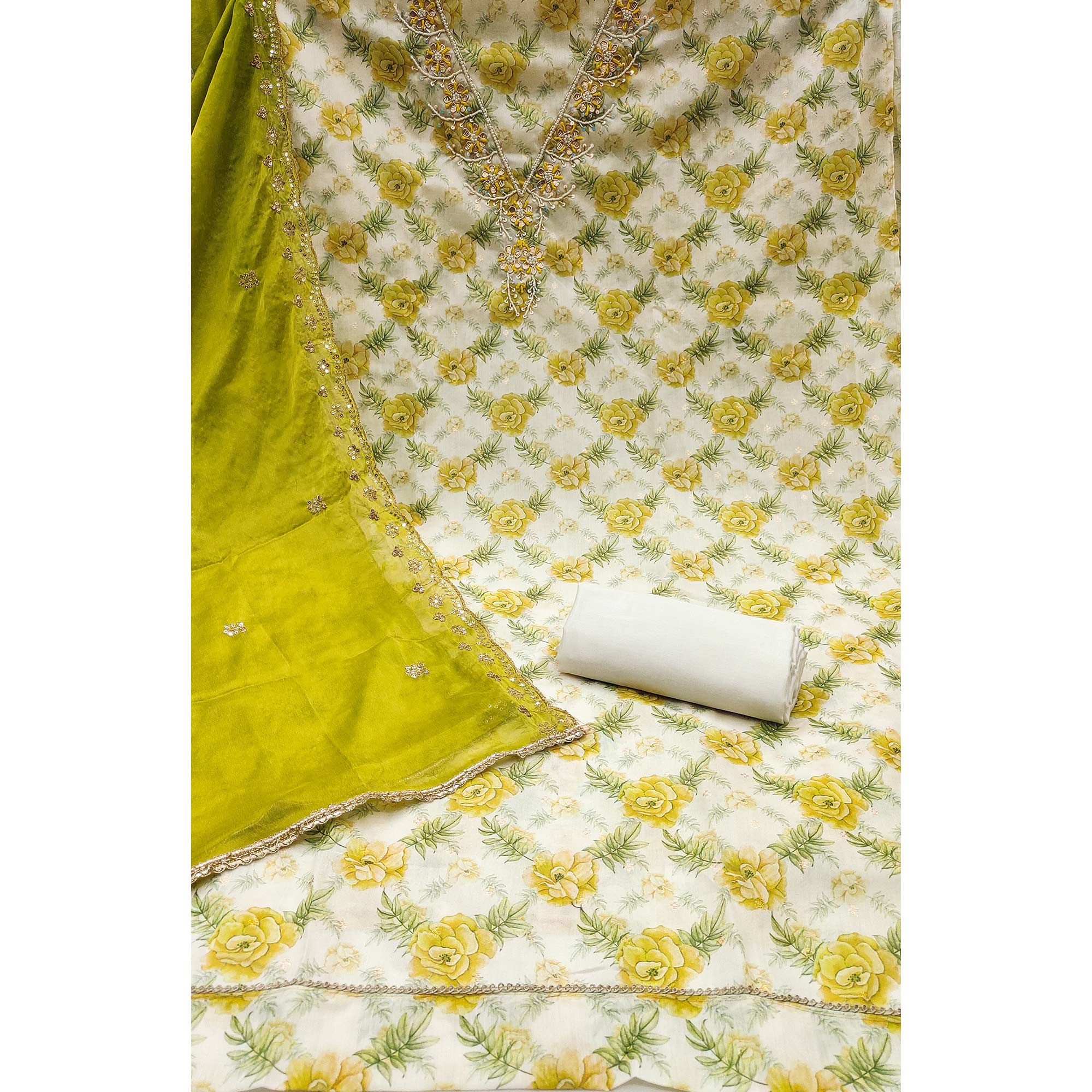 Green Floral Digital Printed With Handwork Chanderi Silk Dress Material