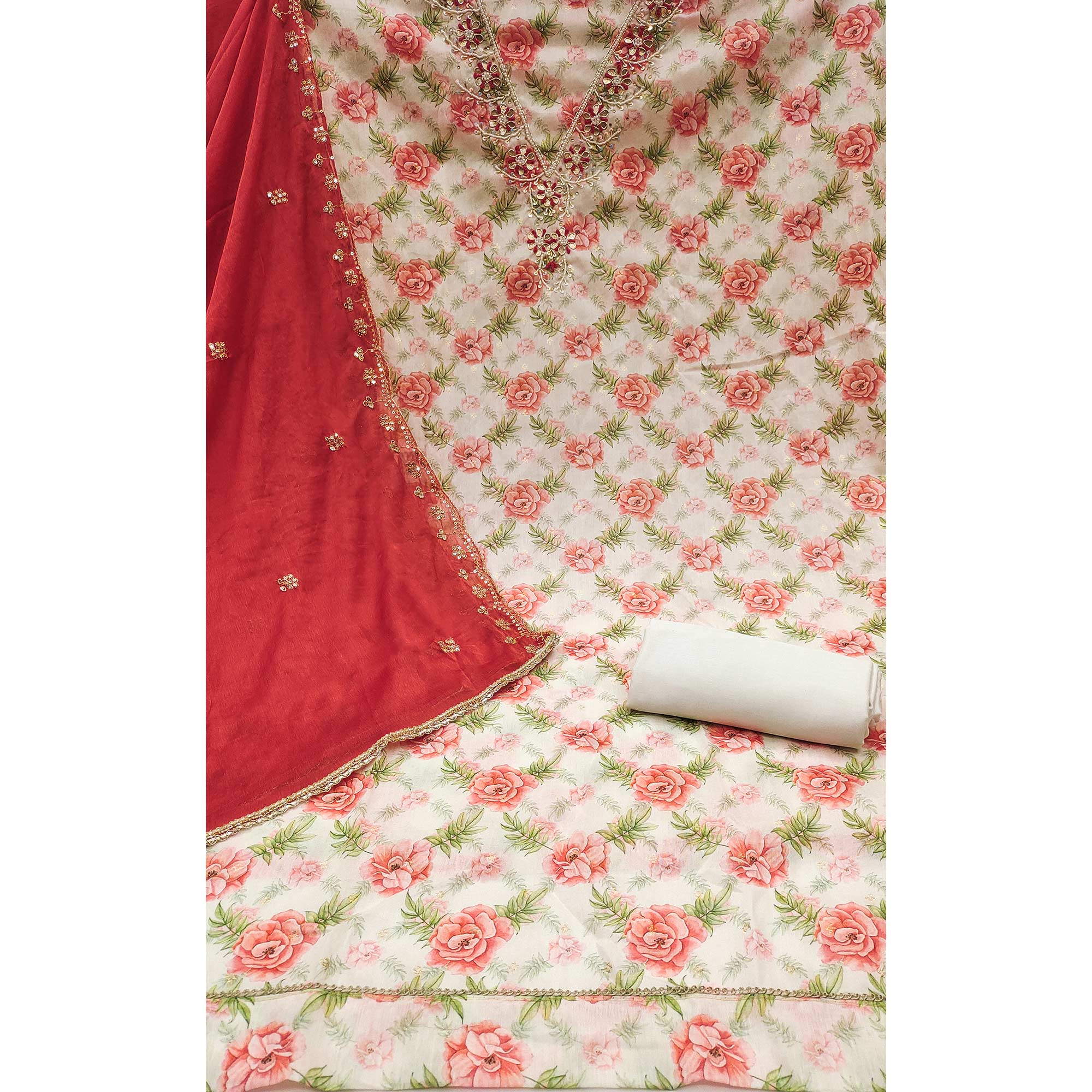 Red Floral Digital Printed With Handwork Chanderi Silk Dress Material