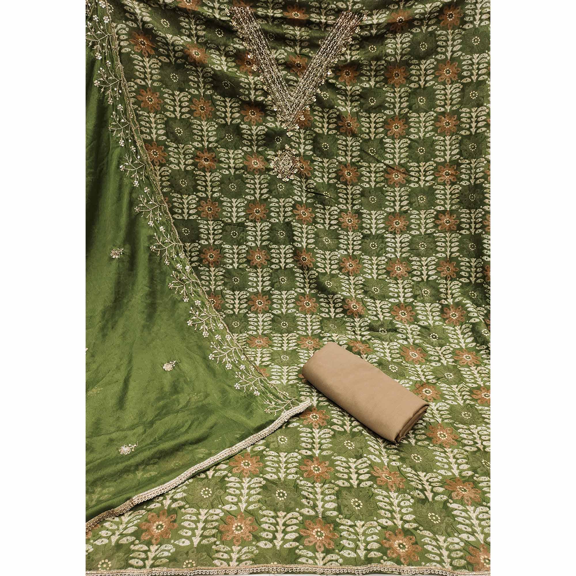 Green Floral Printed With Handwork Pure Cotton Dress Material