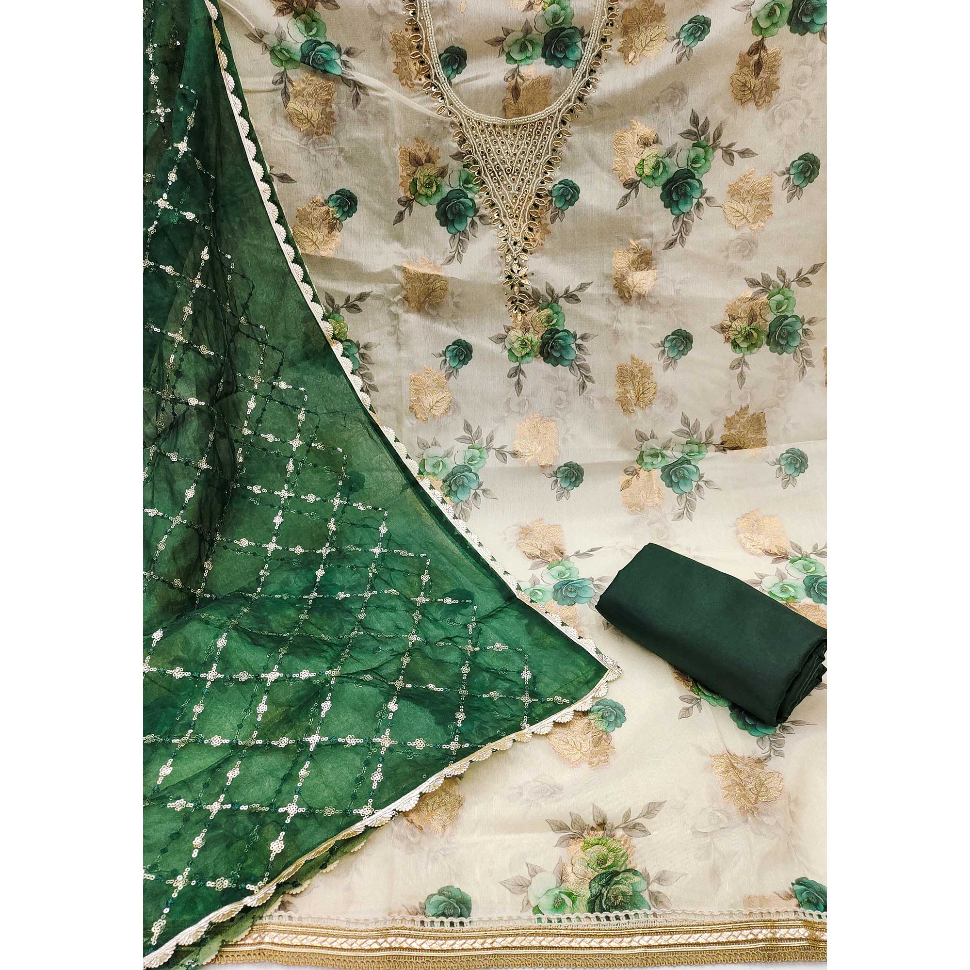 Green Floral Digital Printed With Handwork Viscose Banarasi Dress Material