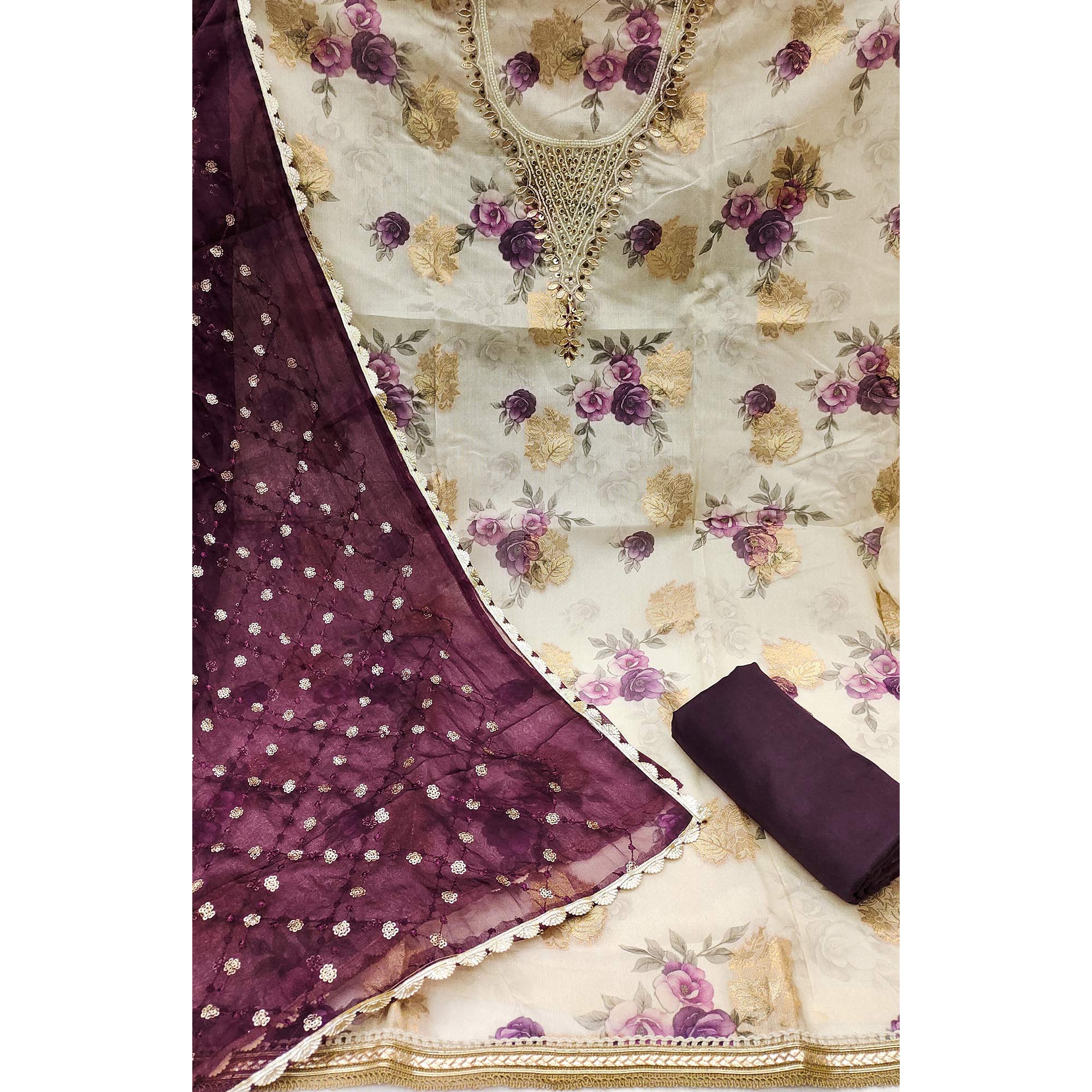 Wine Floral Digital Printed With Handwork Viscose Banarasi Dress Material