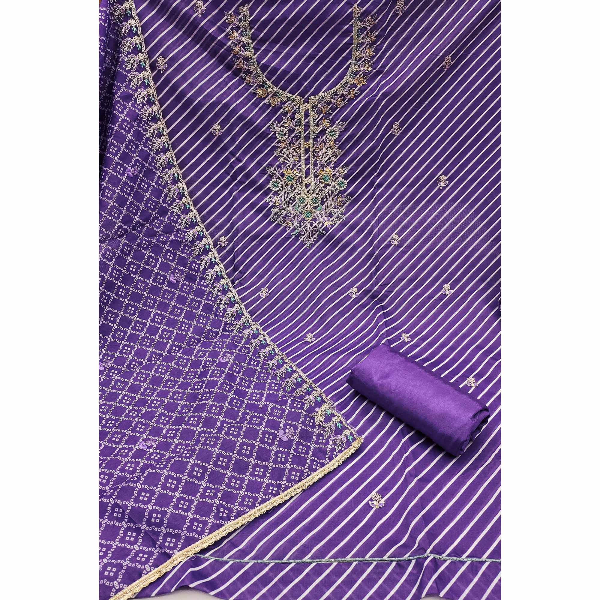 Violet Striped Digital Printed With Handwork Muslin Dress Material