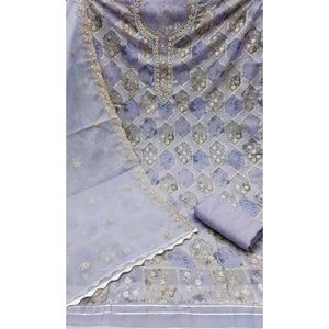 Lavender Floral Sequins Embroidery With Handwork Organza Dress Material