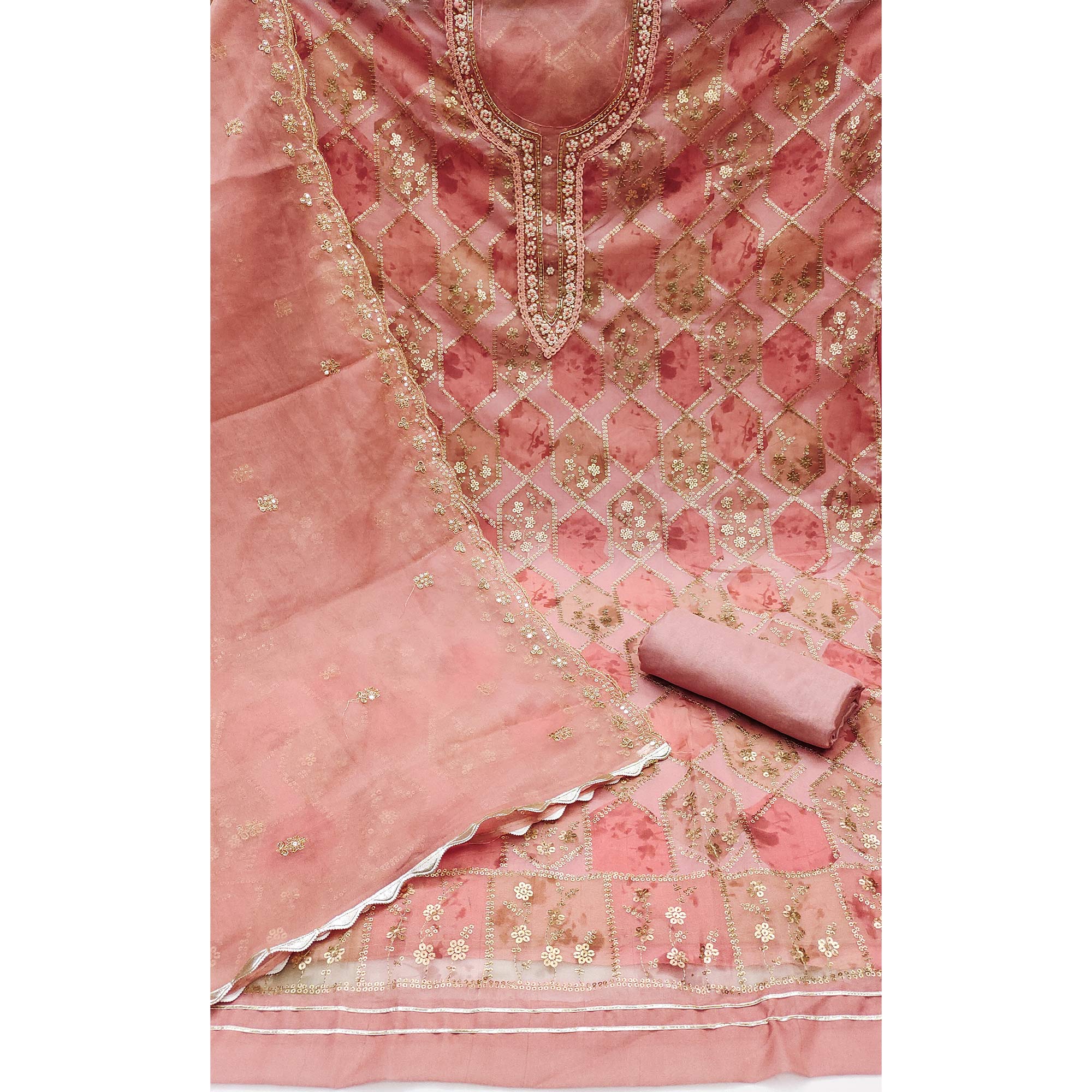 Peach Floral Sequins Embroidery With Handwork Organza Dress Material