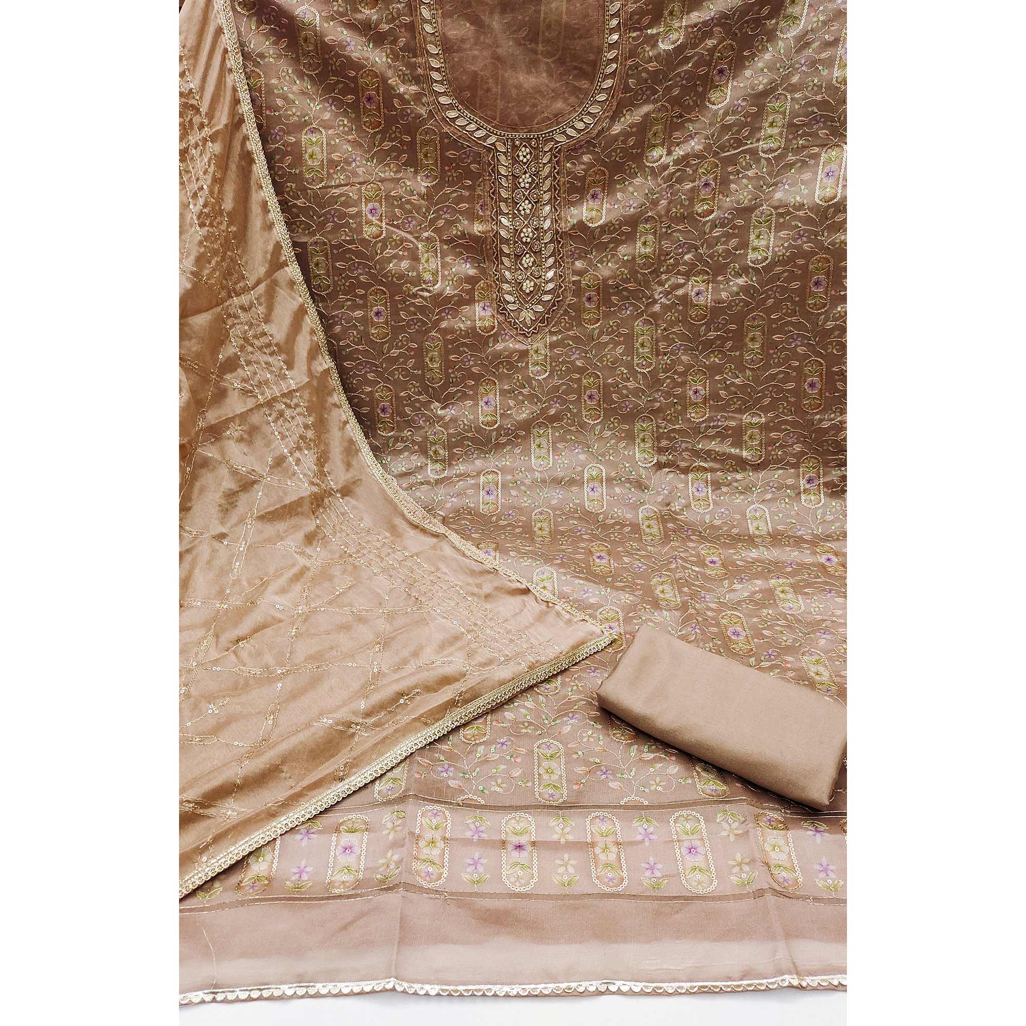 Chikoo Floral Sequins Embroidery With Handwork Organza Dress Material