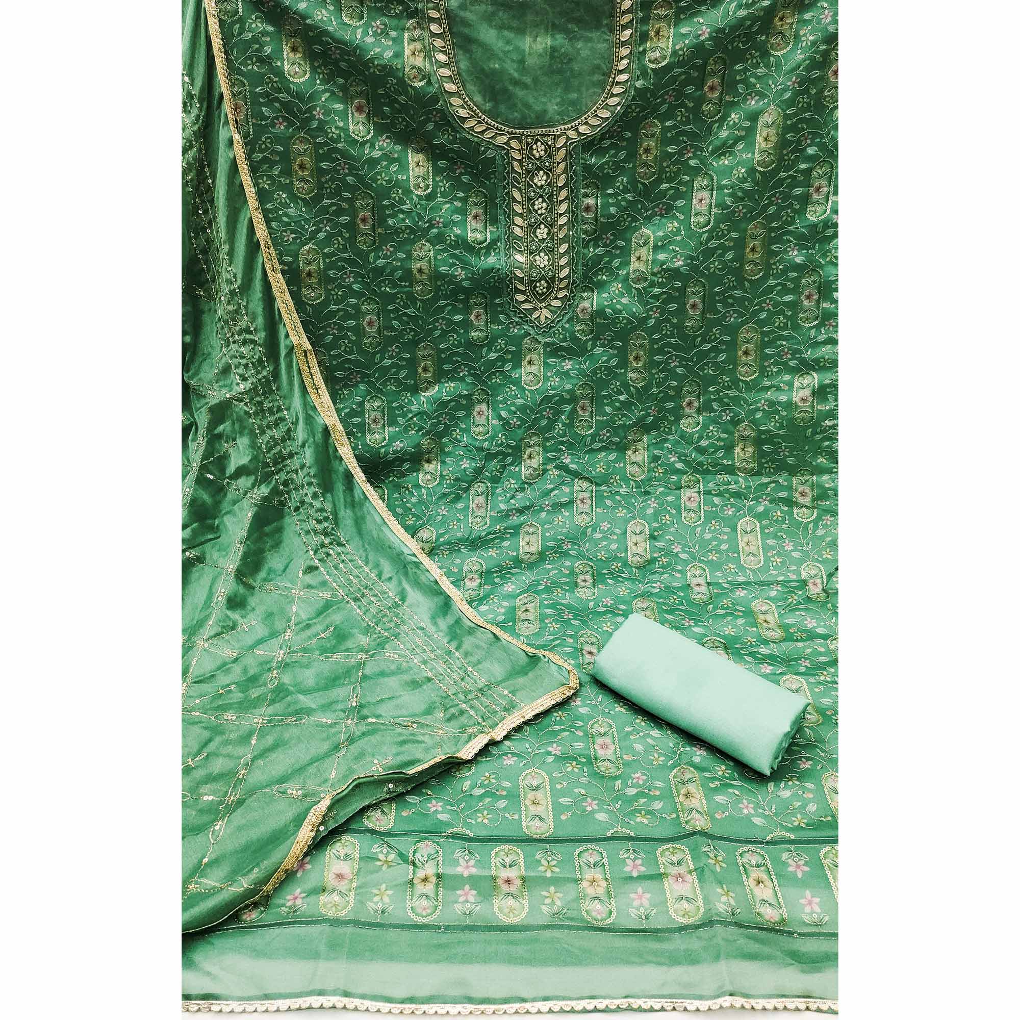 Green Floral Sequins Embroidery With Handwork Organza Dress Material