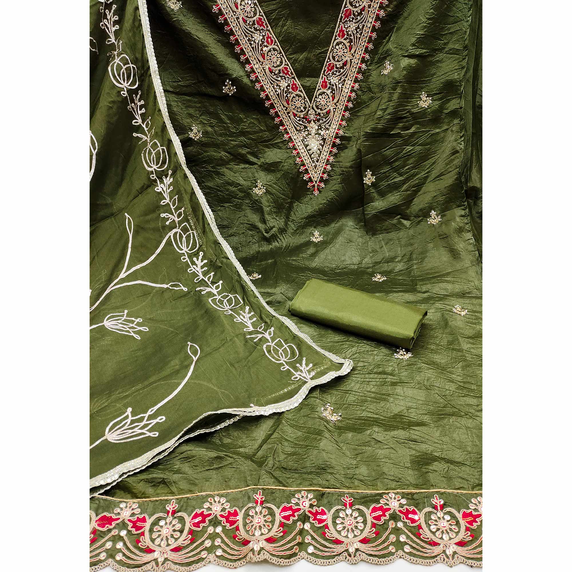 Green Sequins Embroidery With Handwork Viscose Golden Crush Dress Material