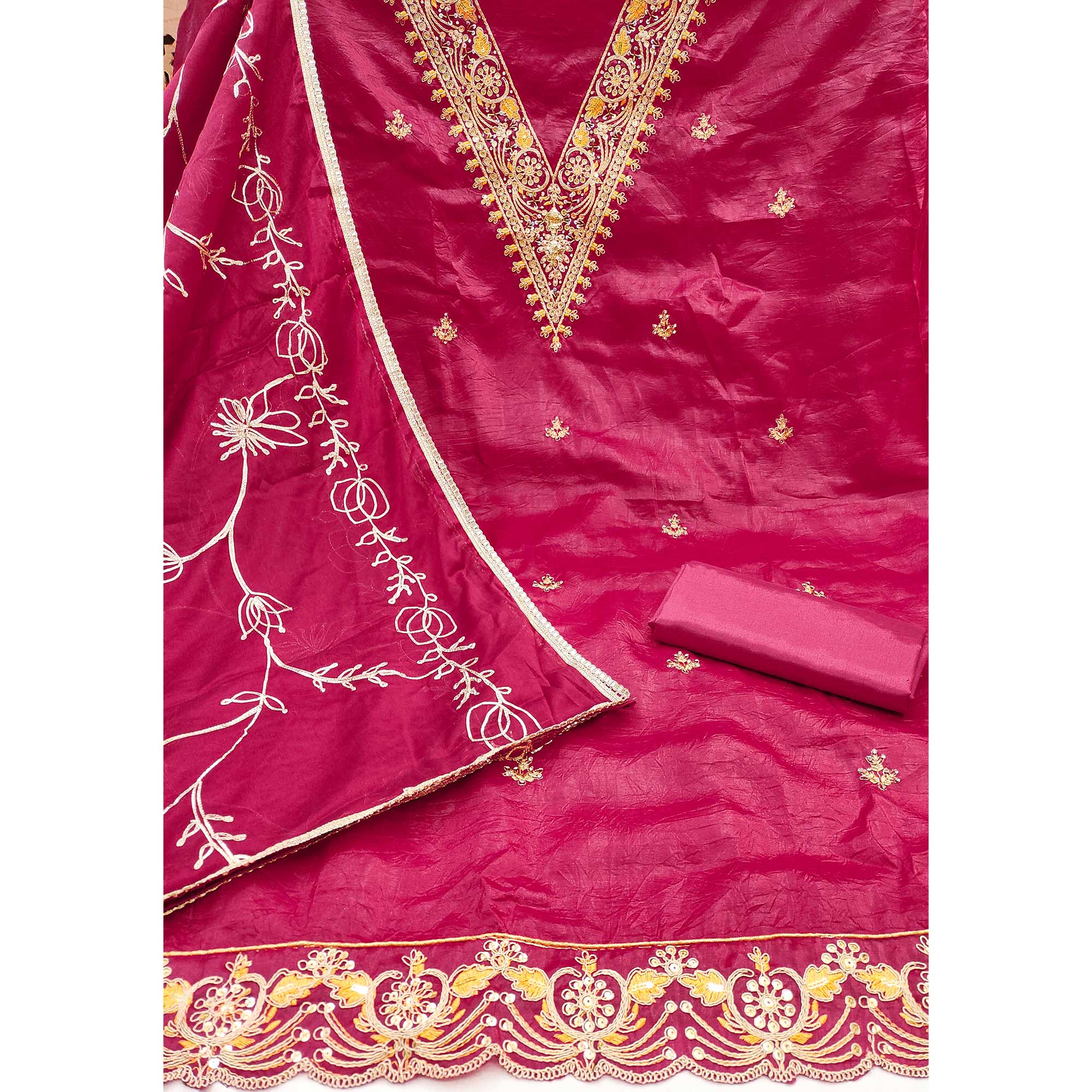 Pink Sequins Embroidery With Handwork Viscose Golden Crush Dress Material