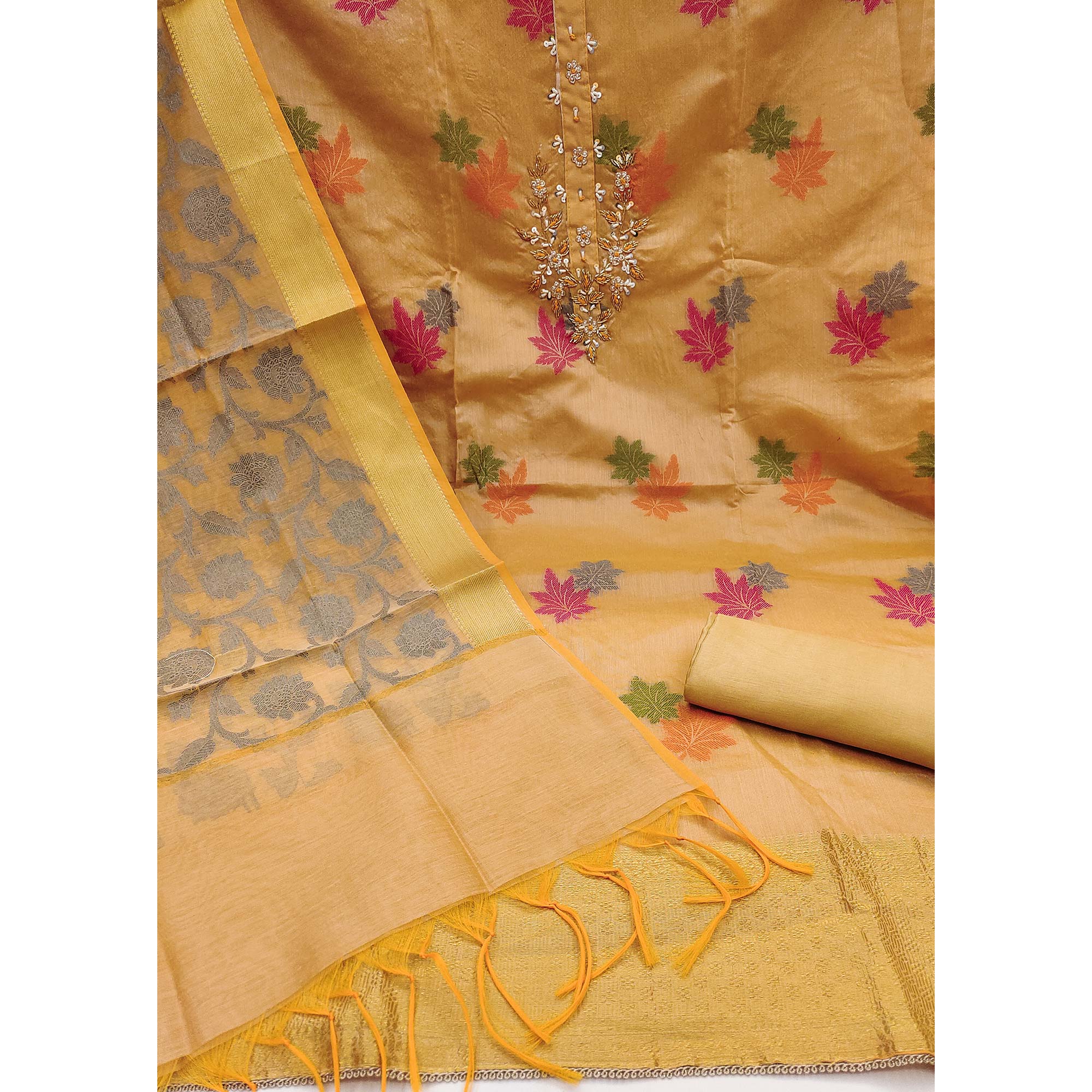 Chikoo Floral Woven With Handwork Banarasi Silk Dress Material