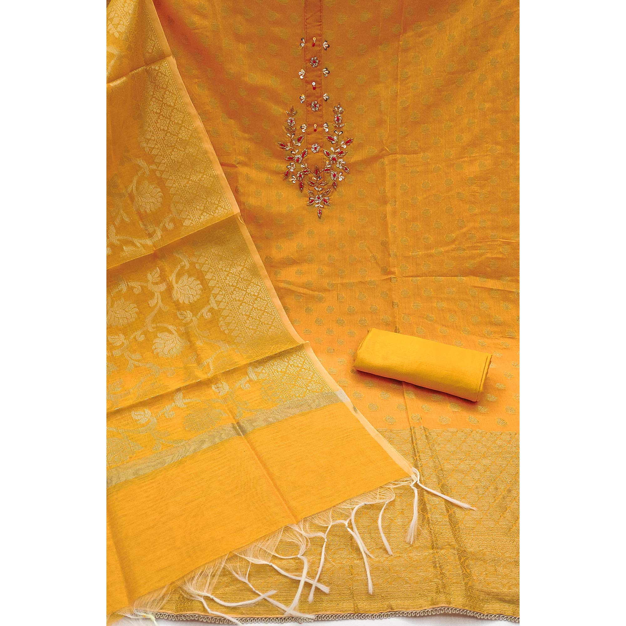 Yellow Floral Woven With Handwork Banarasi Silk Dress Material