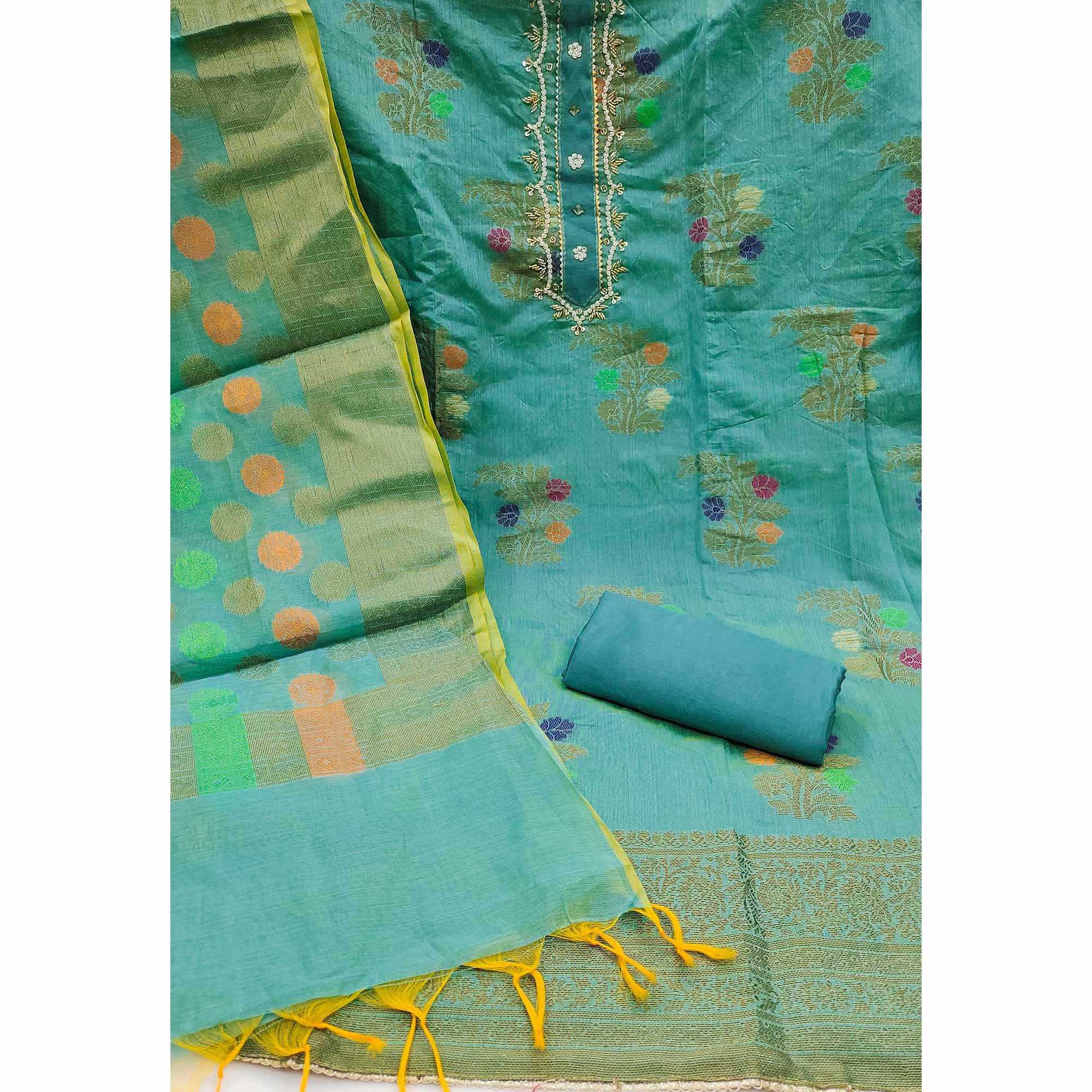 Turquoise Floral Woven With Handwork Banarasi Silk Dress Material