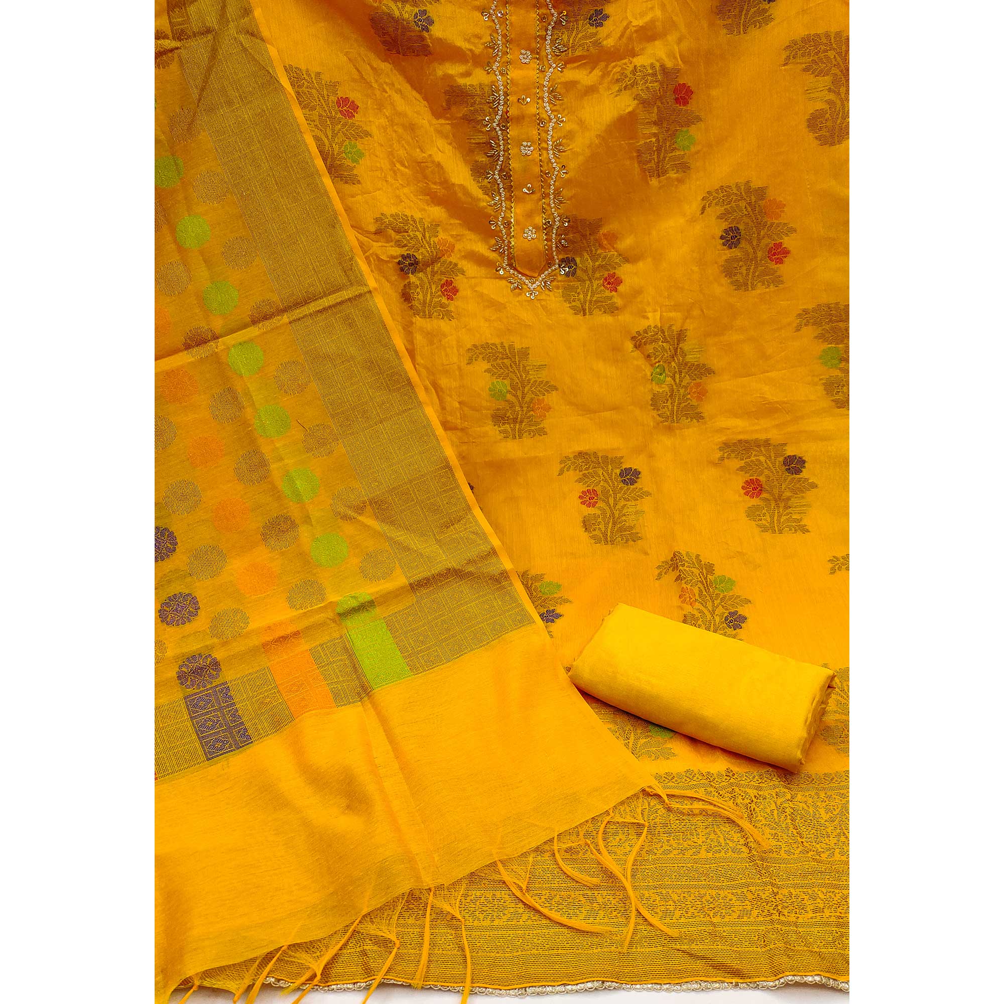 Yellow Floral Woven With Handwork Banarasi Silk Dress Material