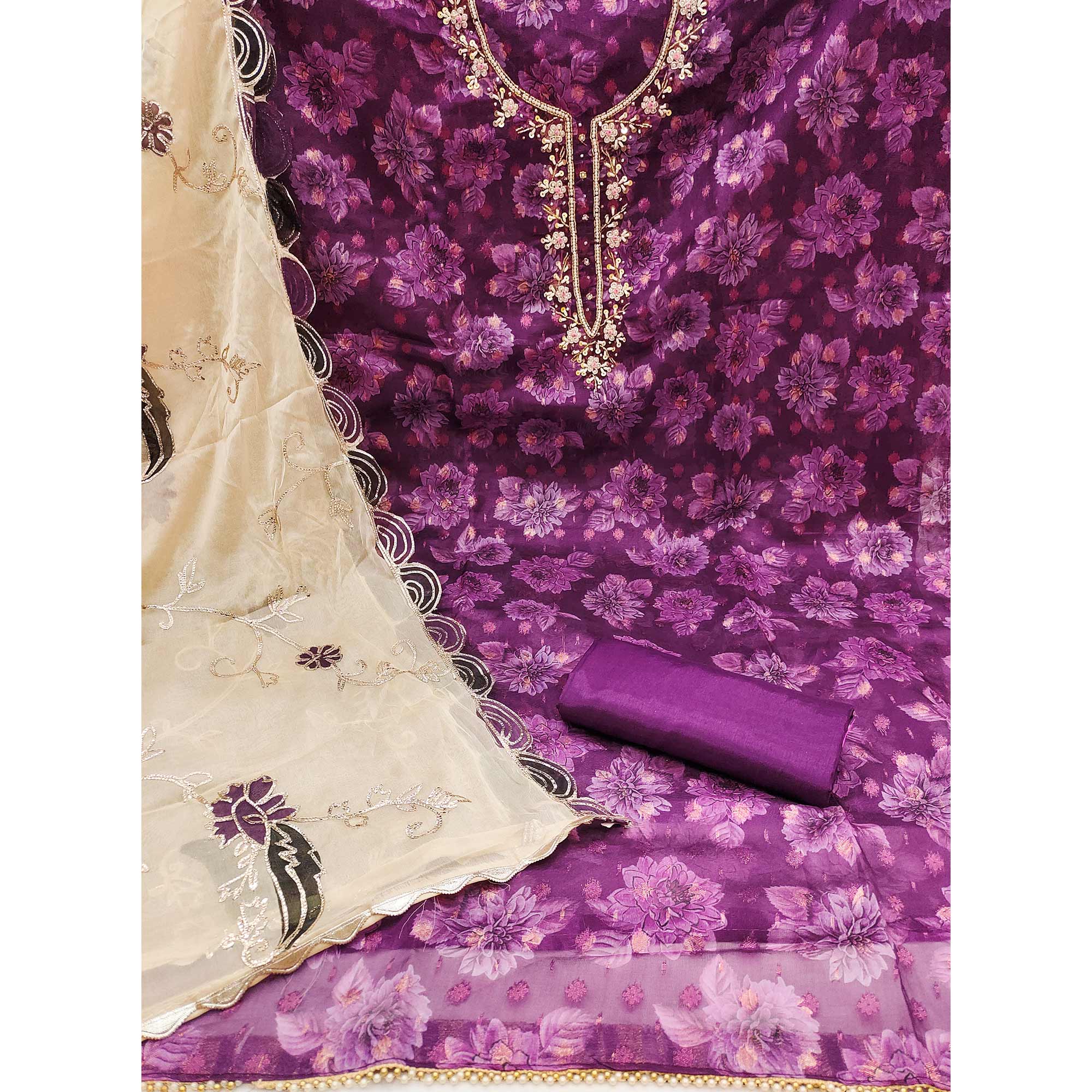 Purple Floral Printed With Handwork Viscose Banarasi Dress Material