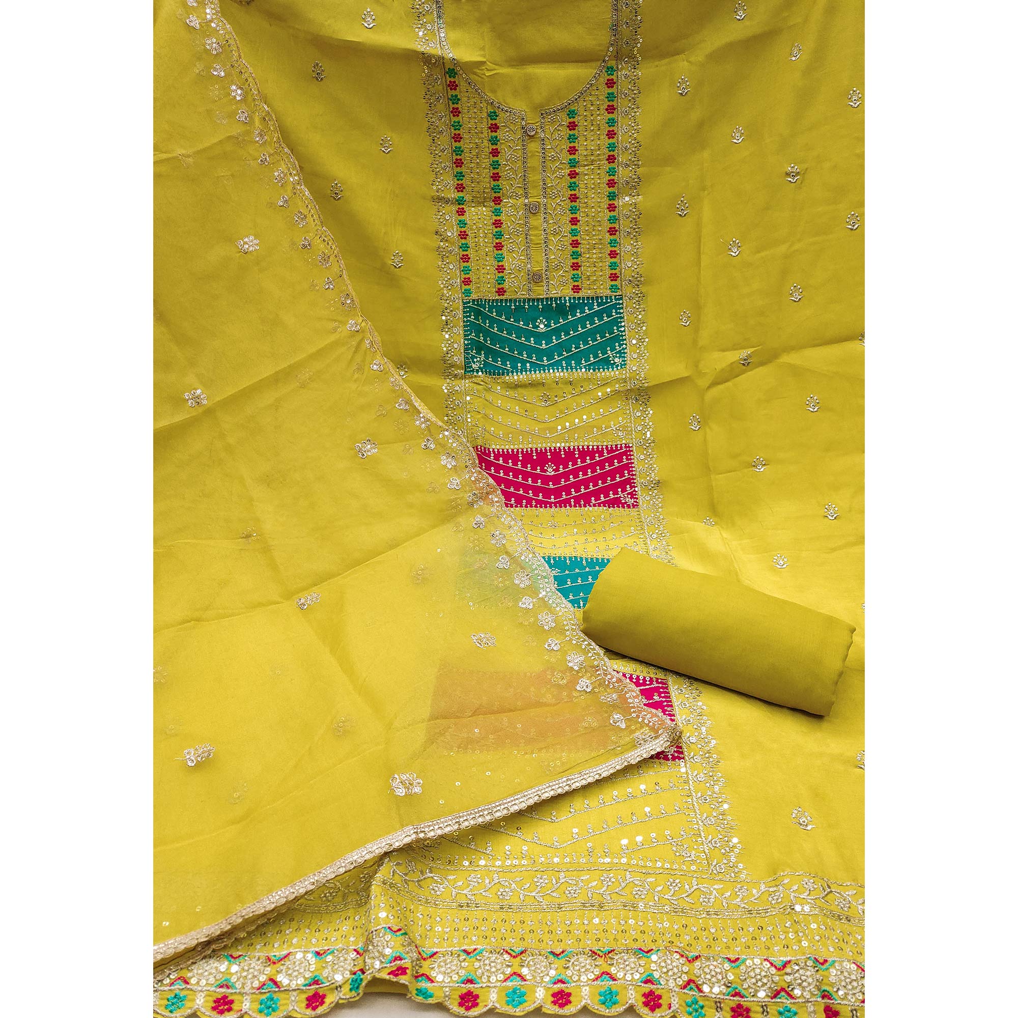 Green Floral Sequins Embroidered Roman Cotton Silk Dress Material