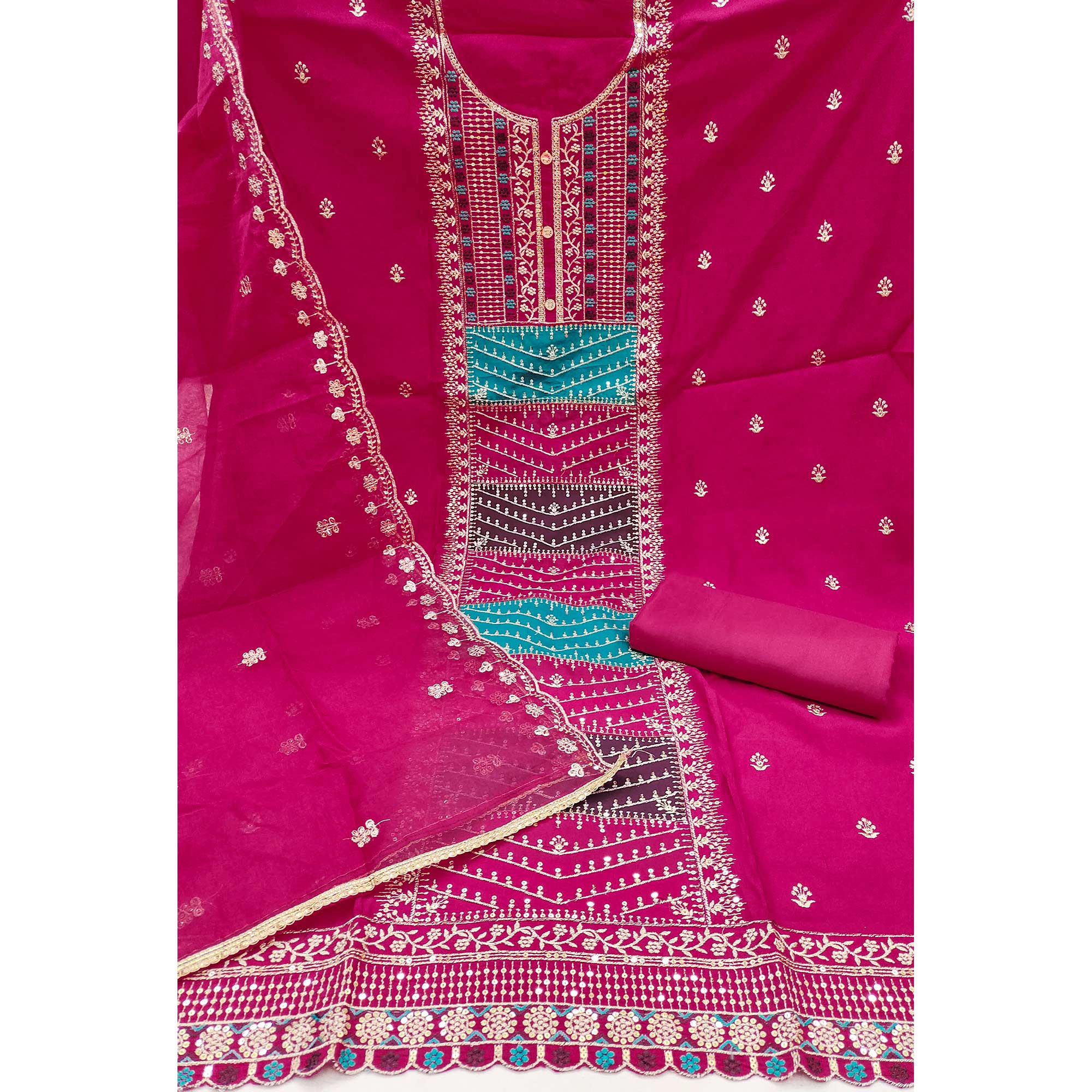 Pink Floral Sequins Embroidered Roman Cotton Silk Dress Material