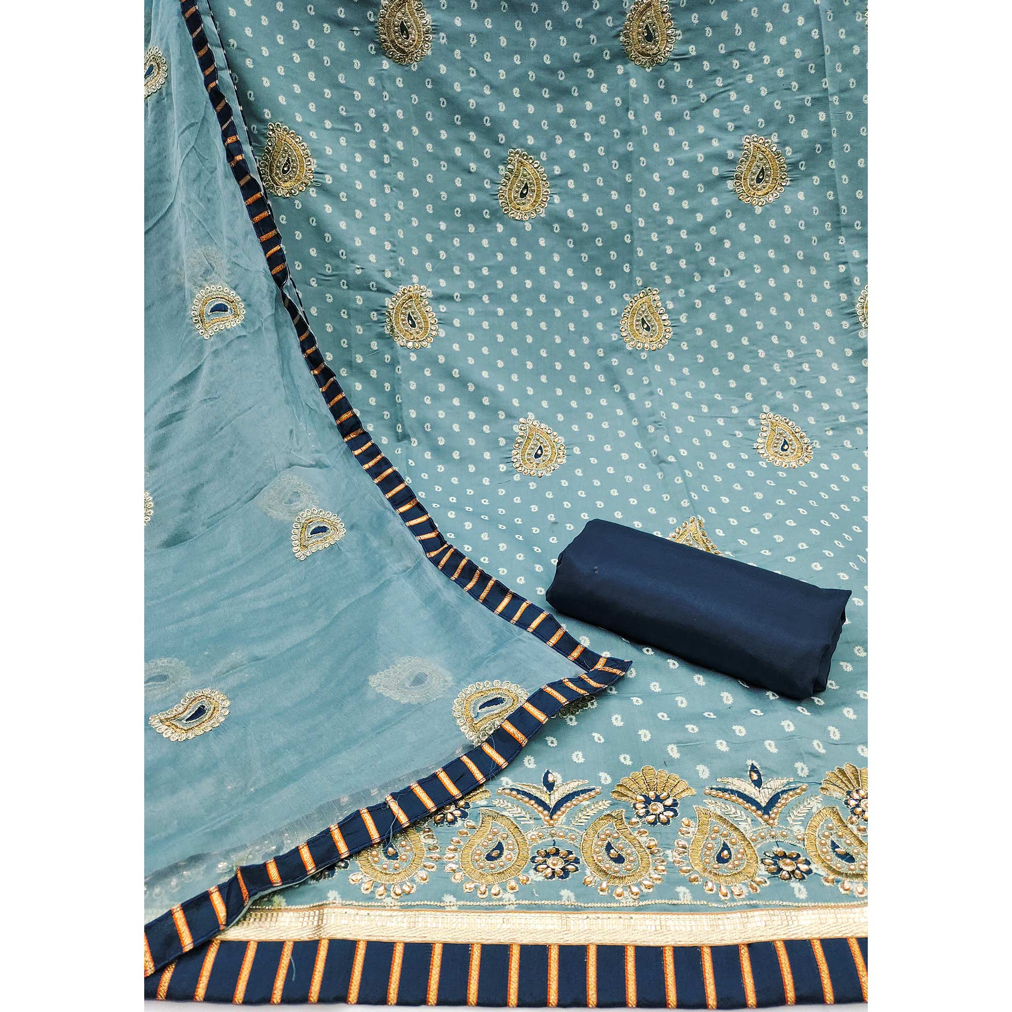Blue Zari Embroidery With Handwork Roman Cotton Silk Dress Material