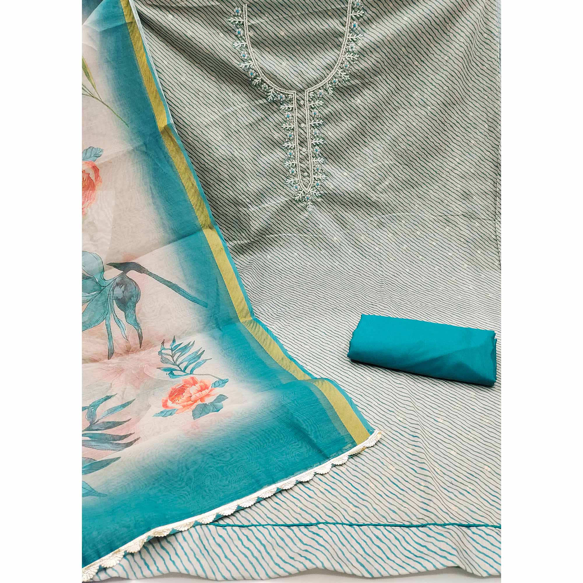 Blue Digital Printed With Handwork Modal Chanderi Silk Dress Material