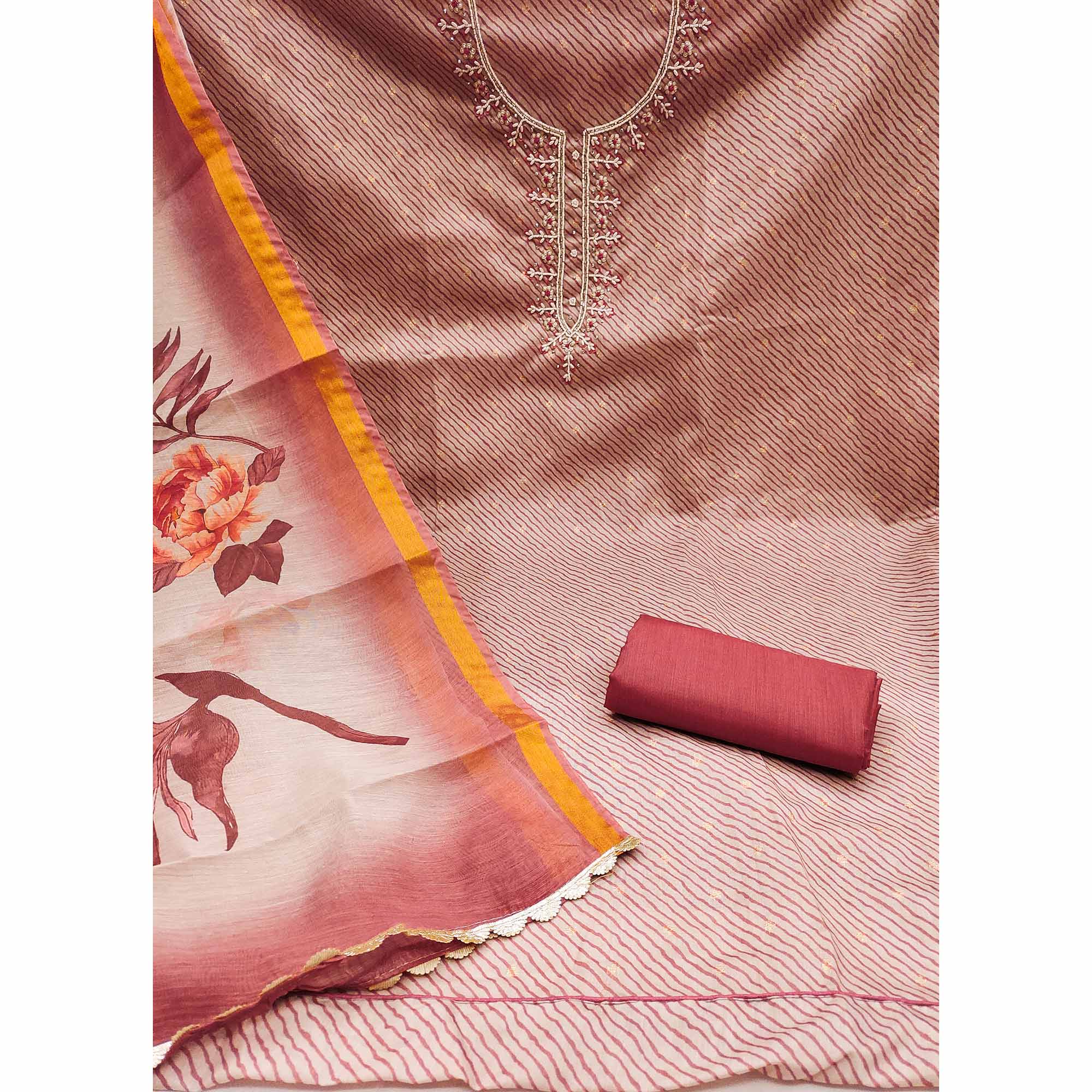 Dark Peach Digital Printed With Handwork Modal Chanderi Silk Dress Material