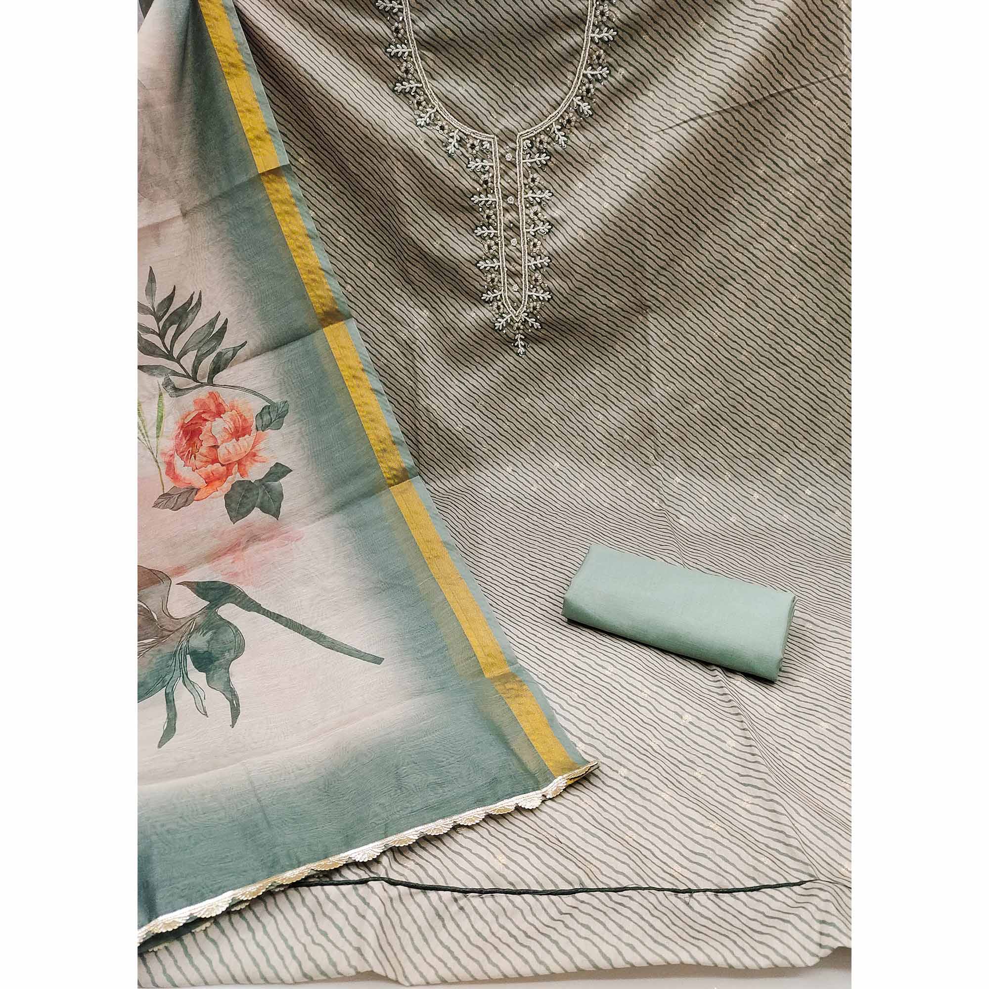 Dusty Green Digital Printed With Handwork Modal Chanderi Silk Dress Material