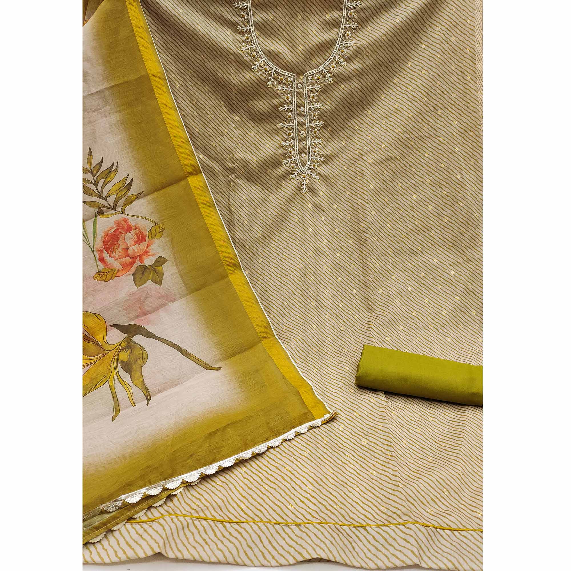 Olive Digital Printed With Handwork Modal Chanderi Silk Dress Material