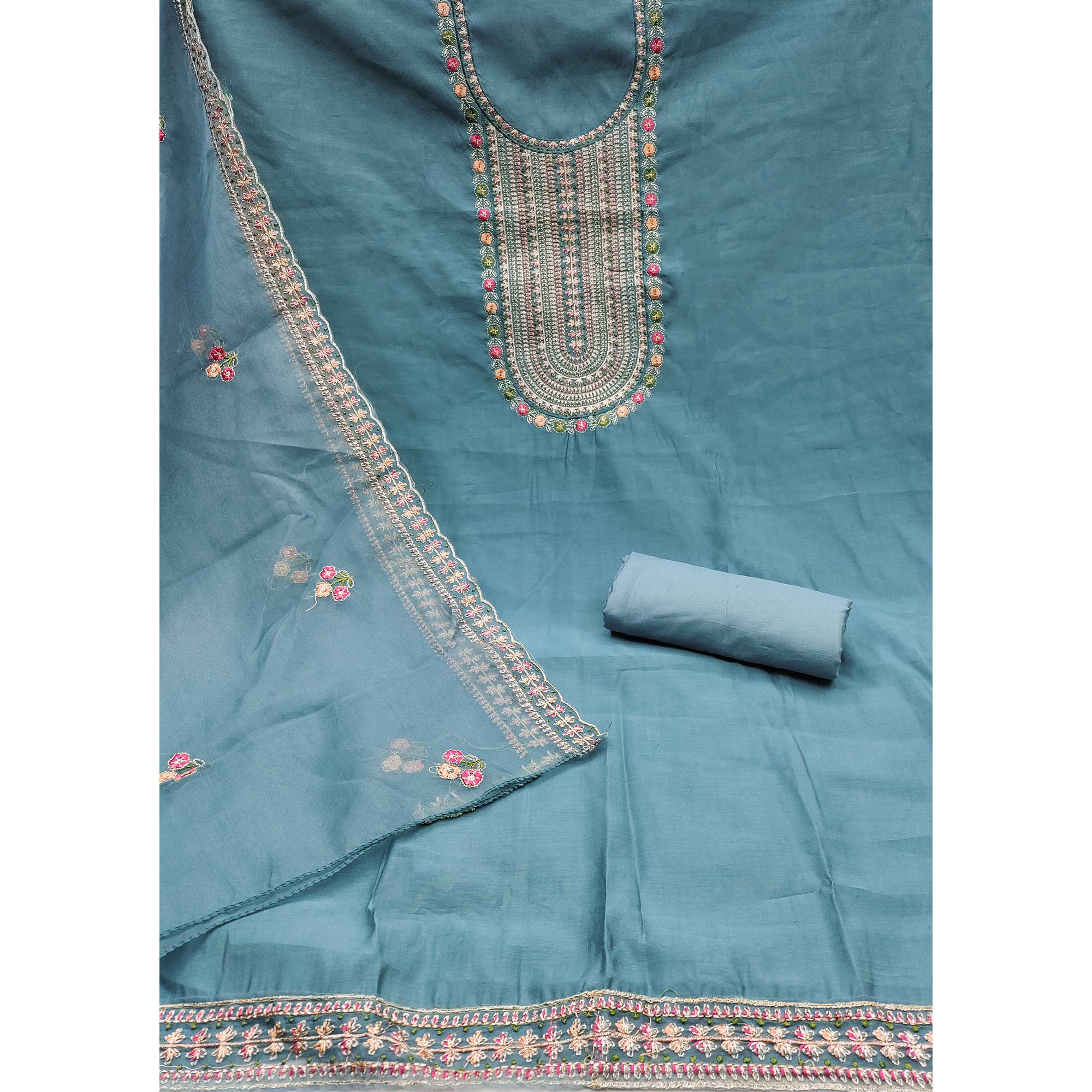 Blue Floral Embroidered Roman Cotton Silk Dress Material