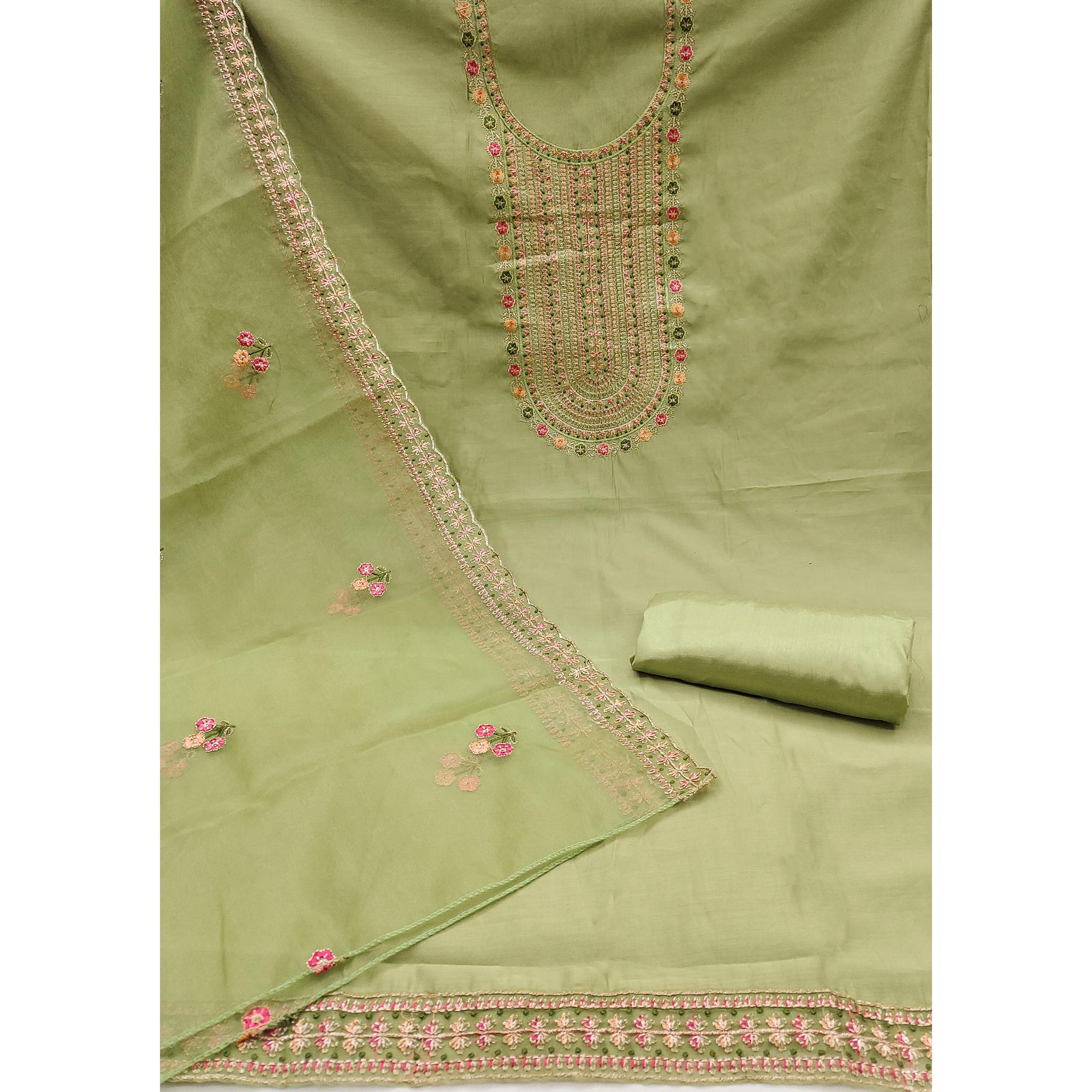 Green Floral Embroidered Roman Cotton Silk Dress Material